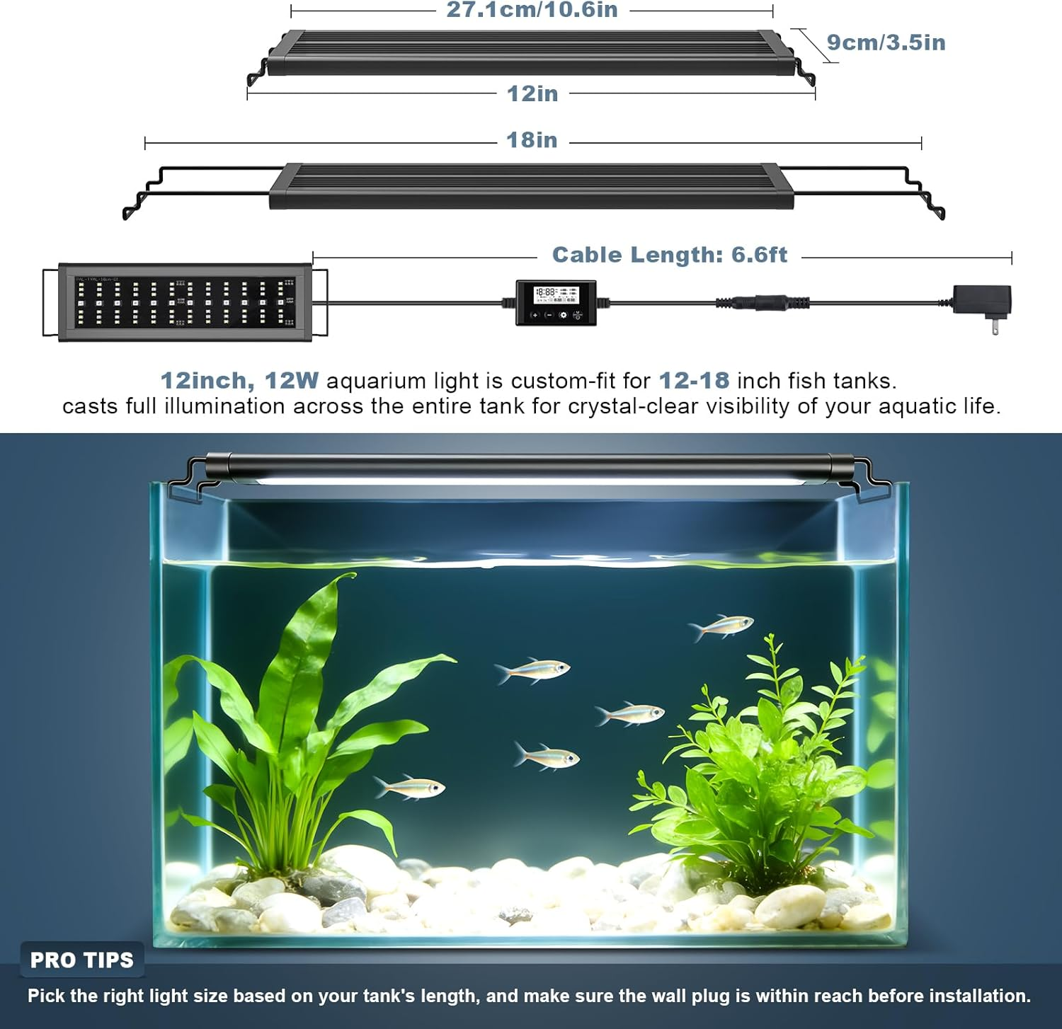 LED Aquarium Light Full Spectrum RGB 12W IP68 Auto Timer