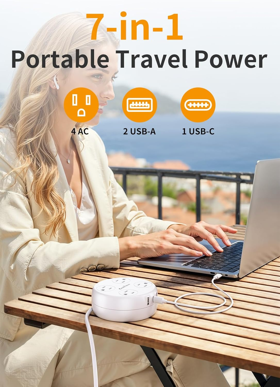 European Travel Plug Adapter 4 AC 3 USB-C Retractable Strip