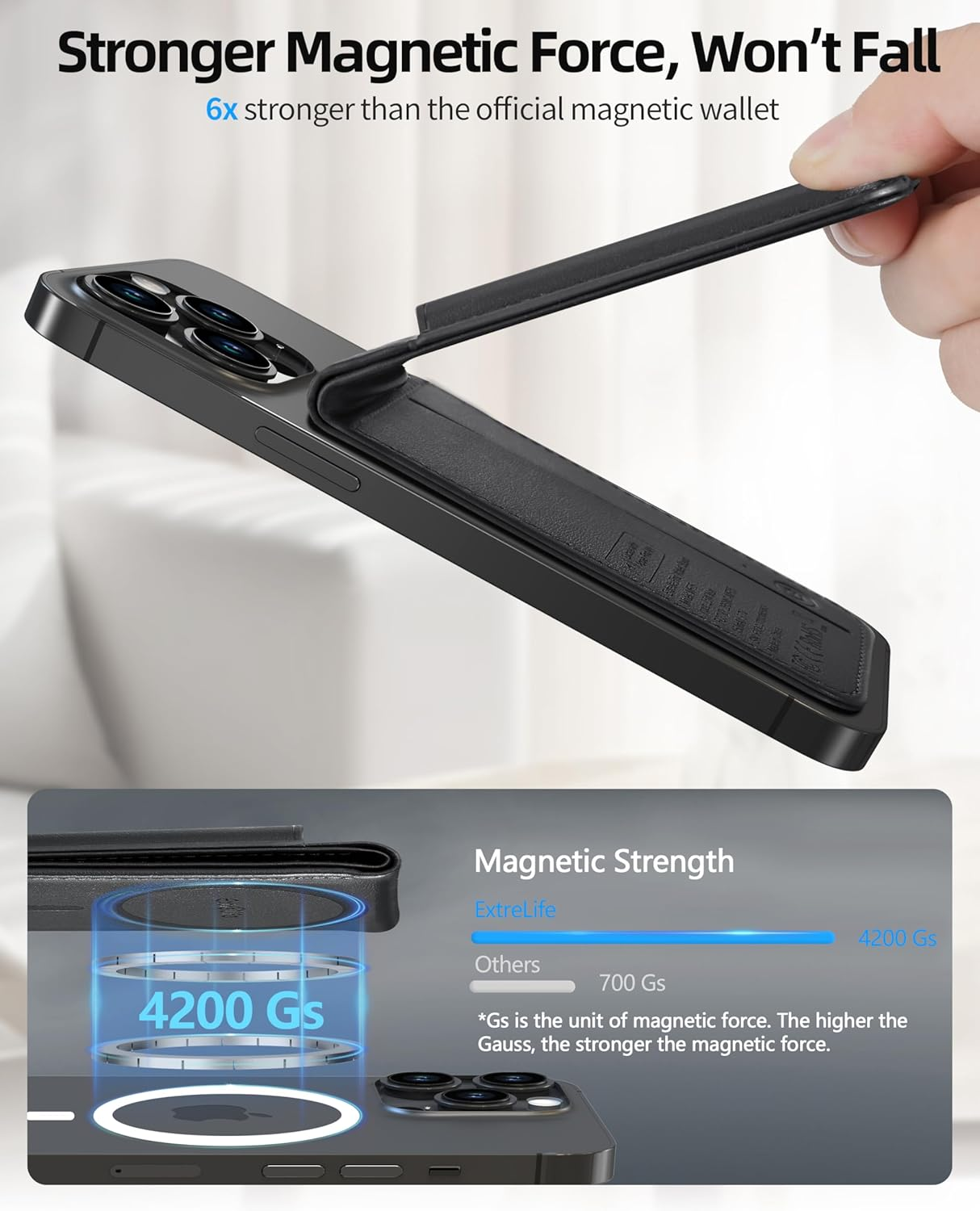 Magnetic iPhone Wallet 6 Card Slots Vegan Leather Adjustable Stand