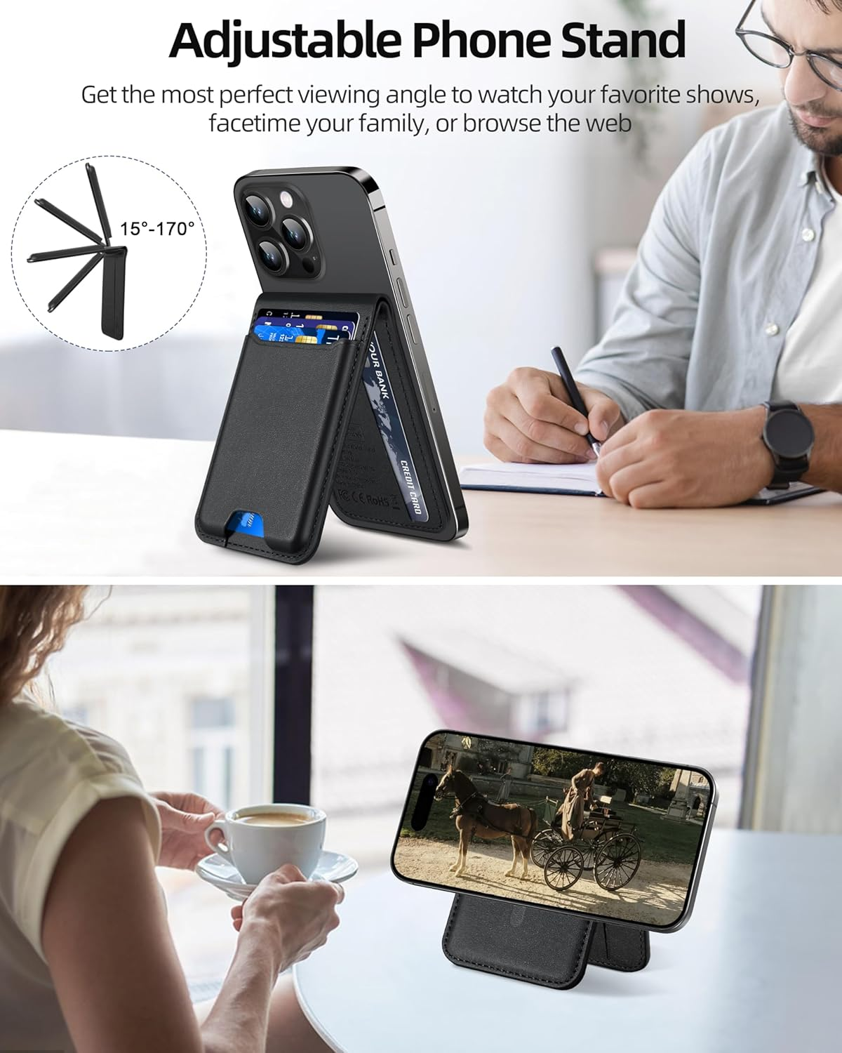 Magnetic iPhone Wallet 6 Card Slots Vegan Leather Adjustable Stand