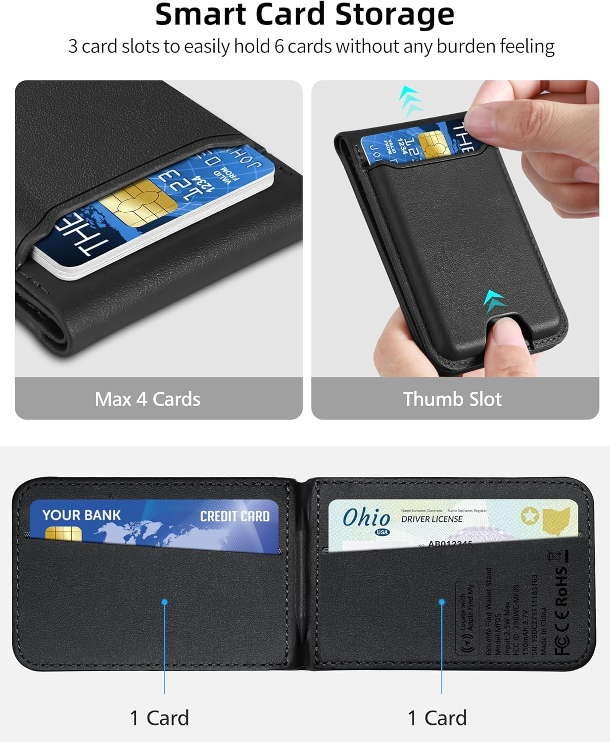Magnetic iPhone Wallet 6 Card Slots Vegan Leather Adjustable Stand