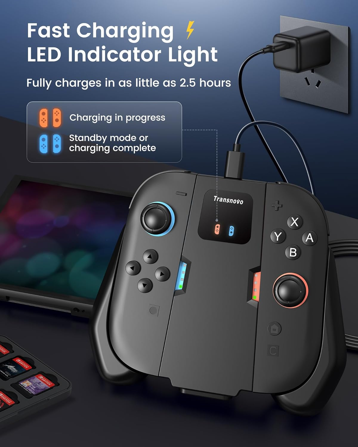 TRANSNOVO Charging Grip Nintendo Switch 2 JoyCons USB-C LED