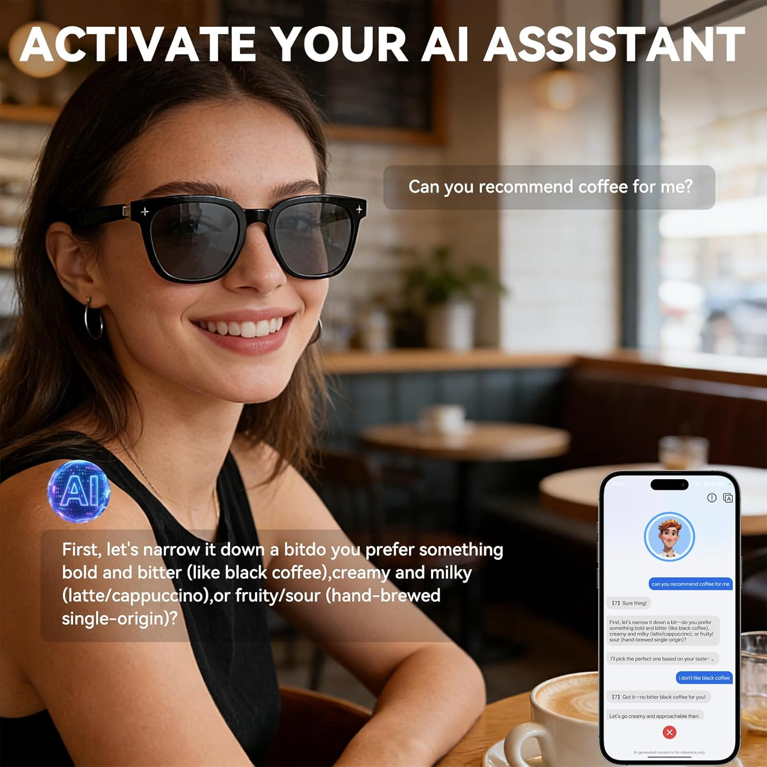 AI Smart Glasses Bluetooth Open-Ear Translation 130 Lang 9H