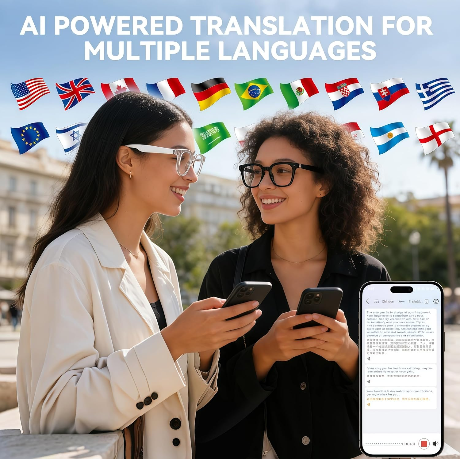 AI Smart Glasses Bluetooth Open-Ear Translation 130 Lang 9H