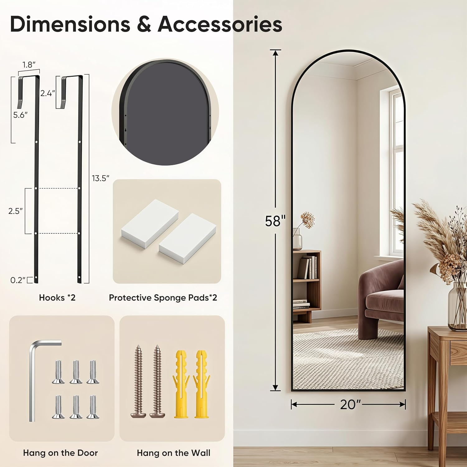 8x20 Over The Door Arched Full Length Mirror Black