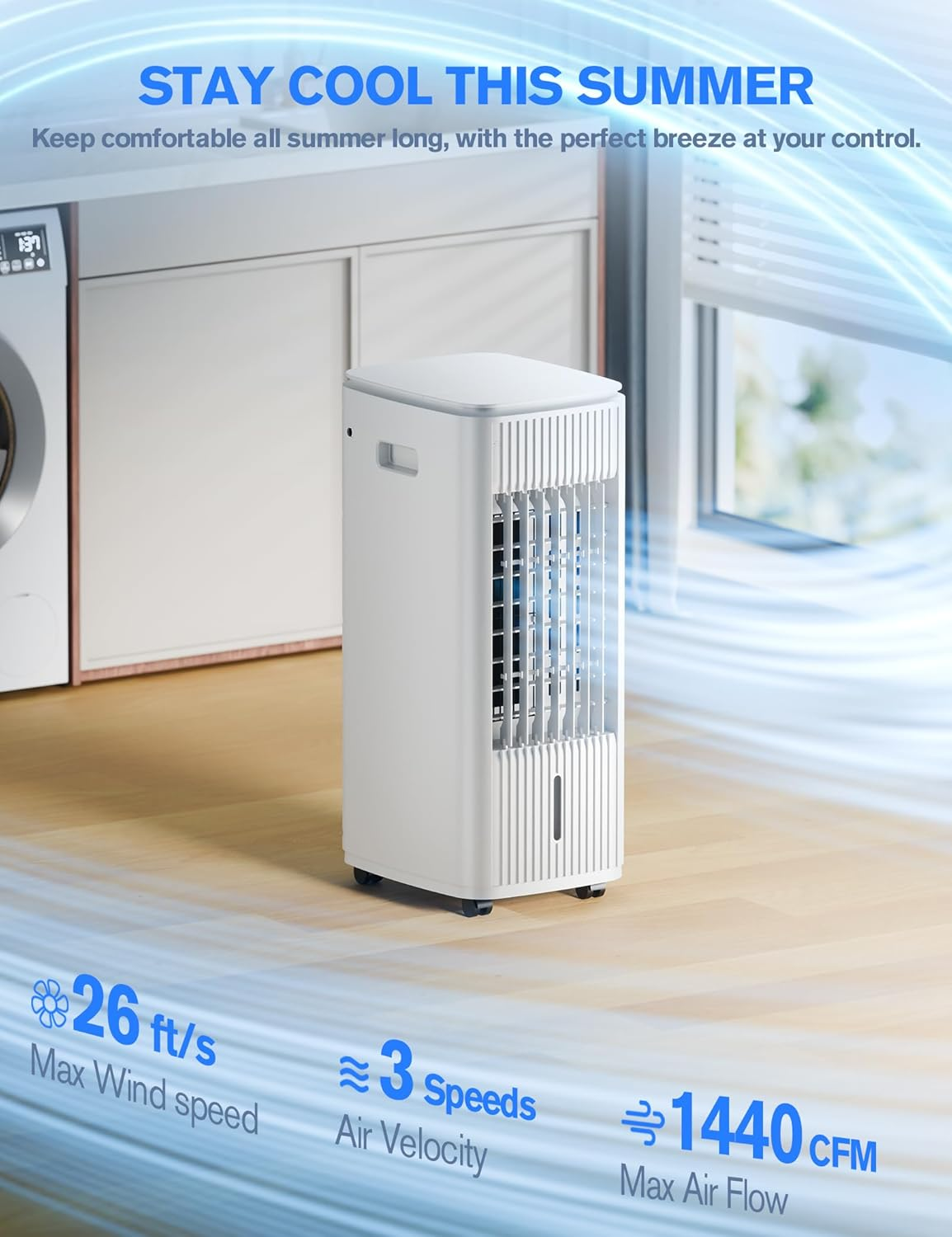 Evaporative Air Cooler 3L Tank 4 Ice Packs 70° Oscillation