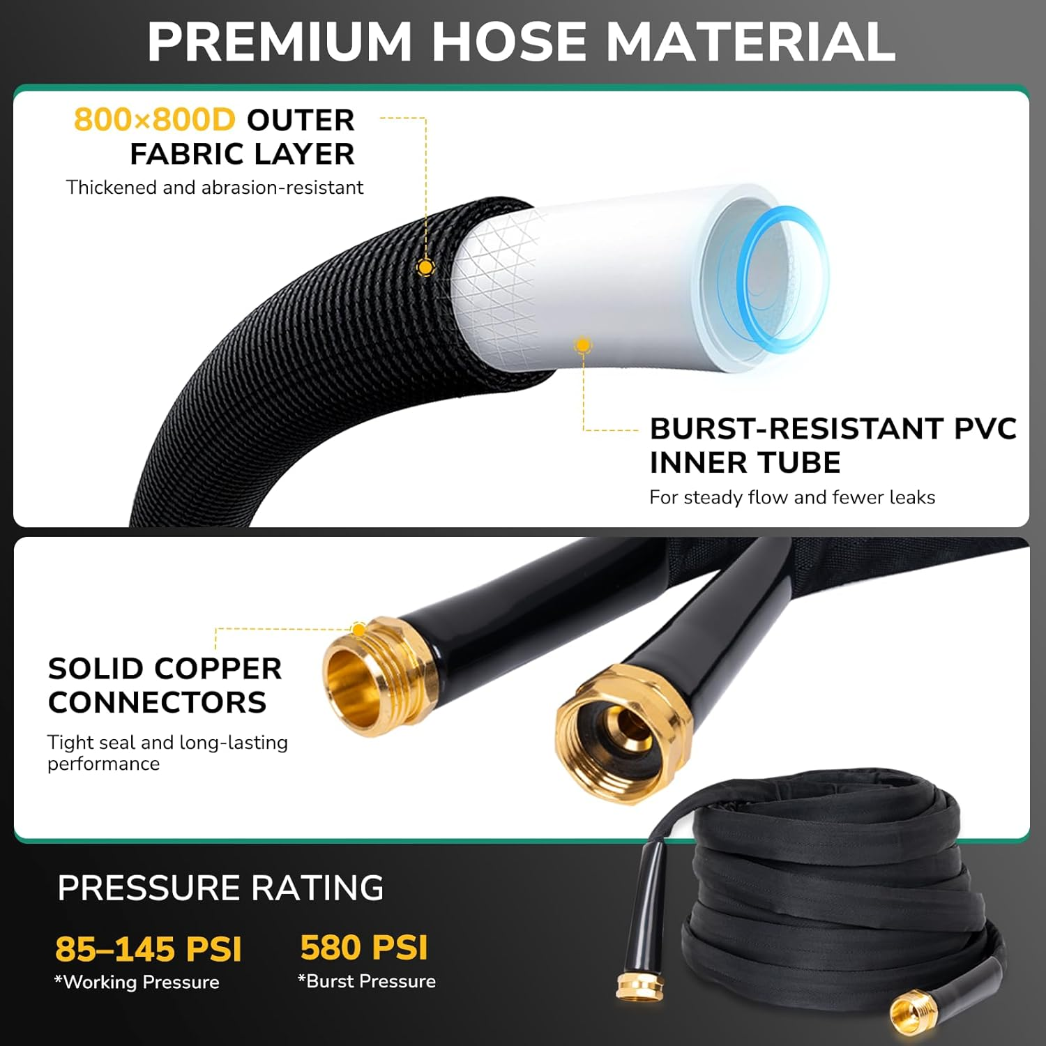 Lightweight Flat Garden Hose 25 FT Kink Free 800D