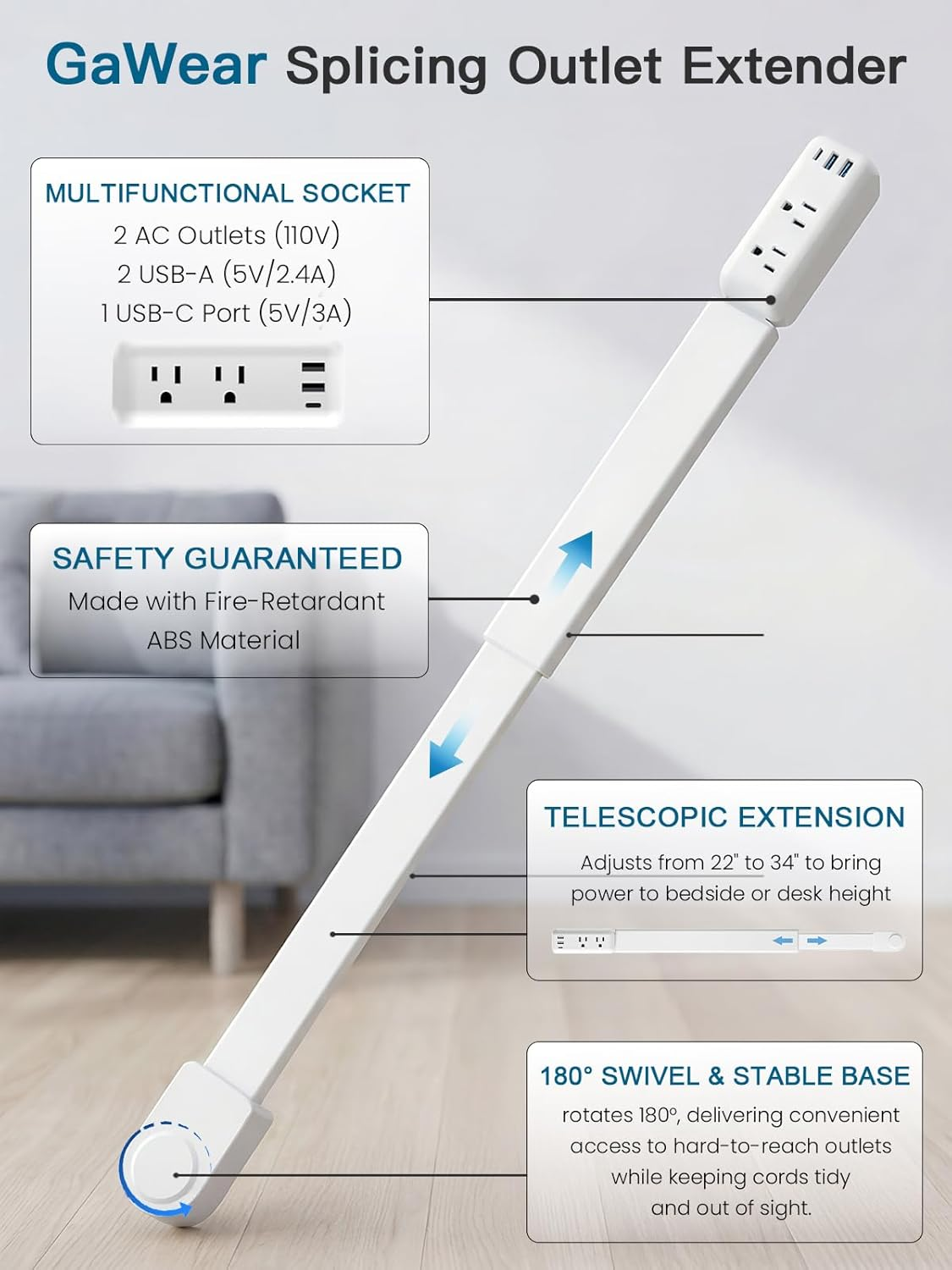 Electrical Outlet Extender 2 USB-A 1 USB-C 2 AC 22-34in