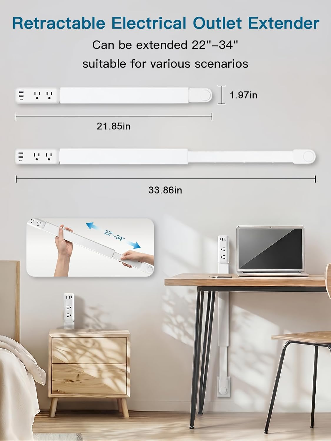 Electrical Outlet Extender 2 USB-A 1 USB-C 2 AC 22-34in