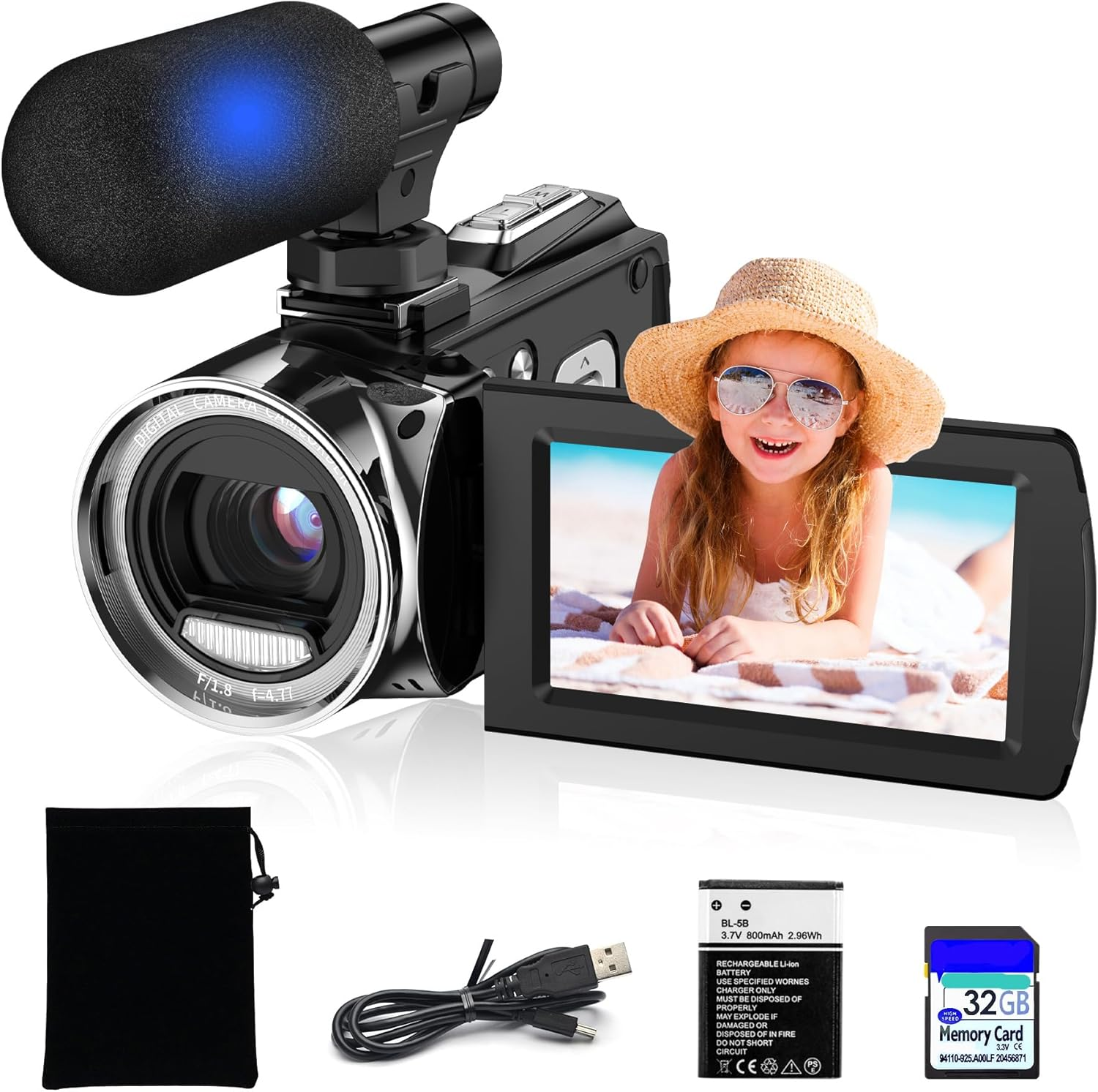 4K 48MP Vlogging Camera Camcorder 270° Screen 18X Zoom 32G