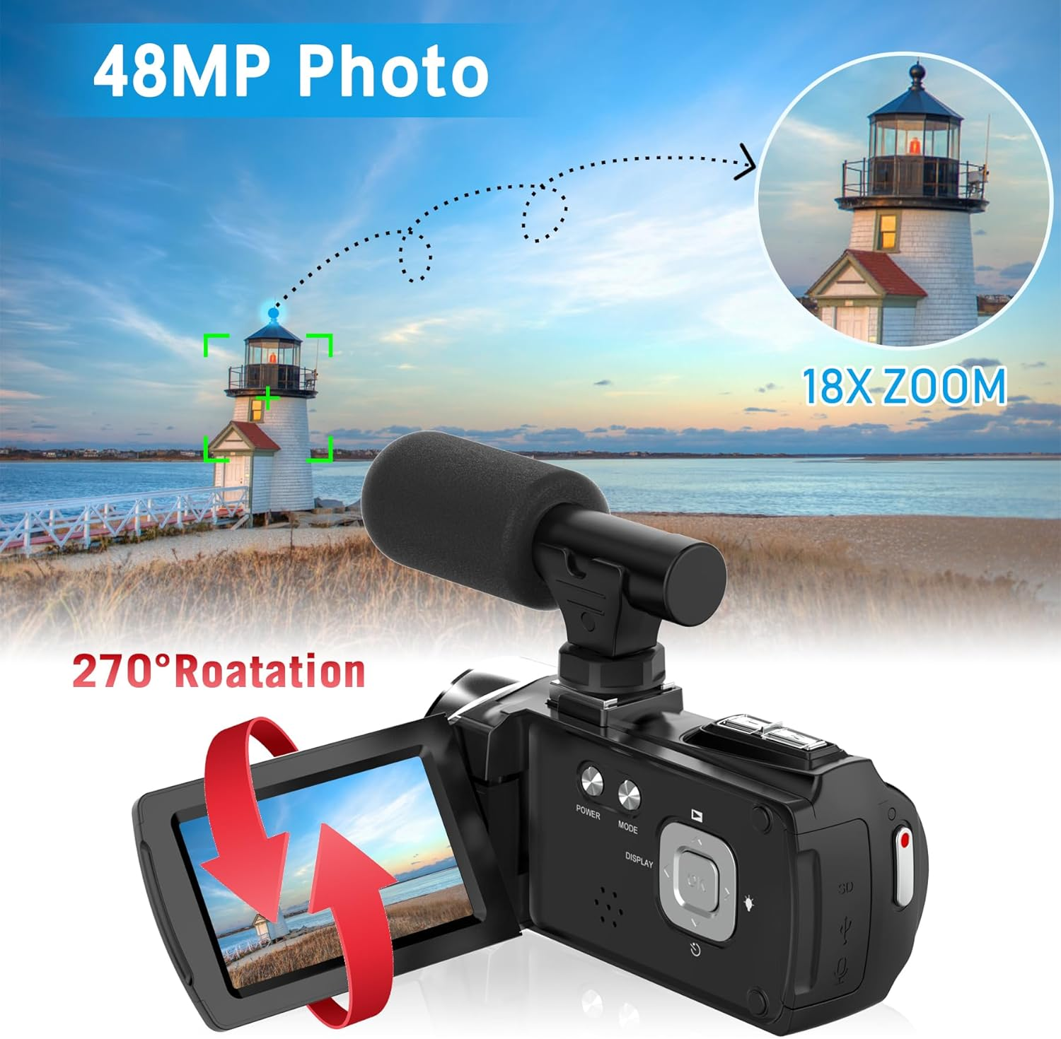 4K 48MP Vlogging Camera Camcorder 270° Screen 18X Zoom 32G