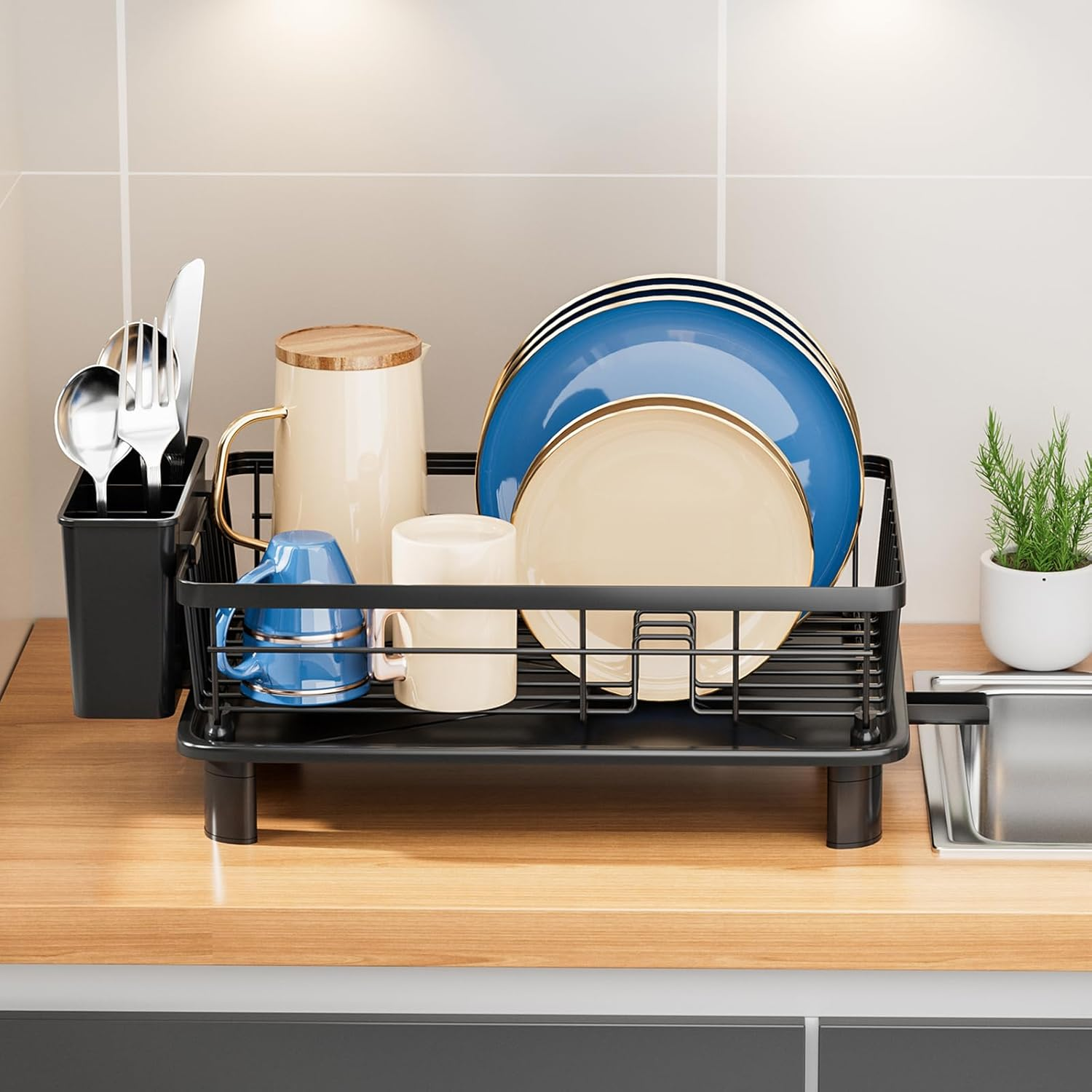 Stainless Steel Dish Drying Rack - Kitchen Counter & Sink Organizer with Utensil Holder