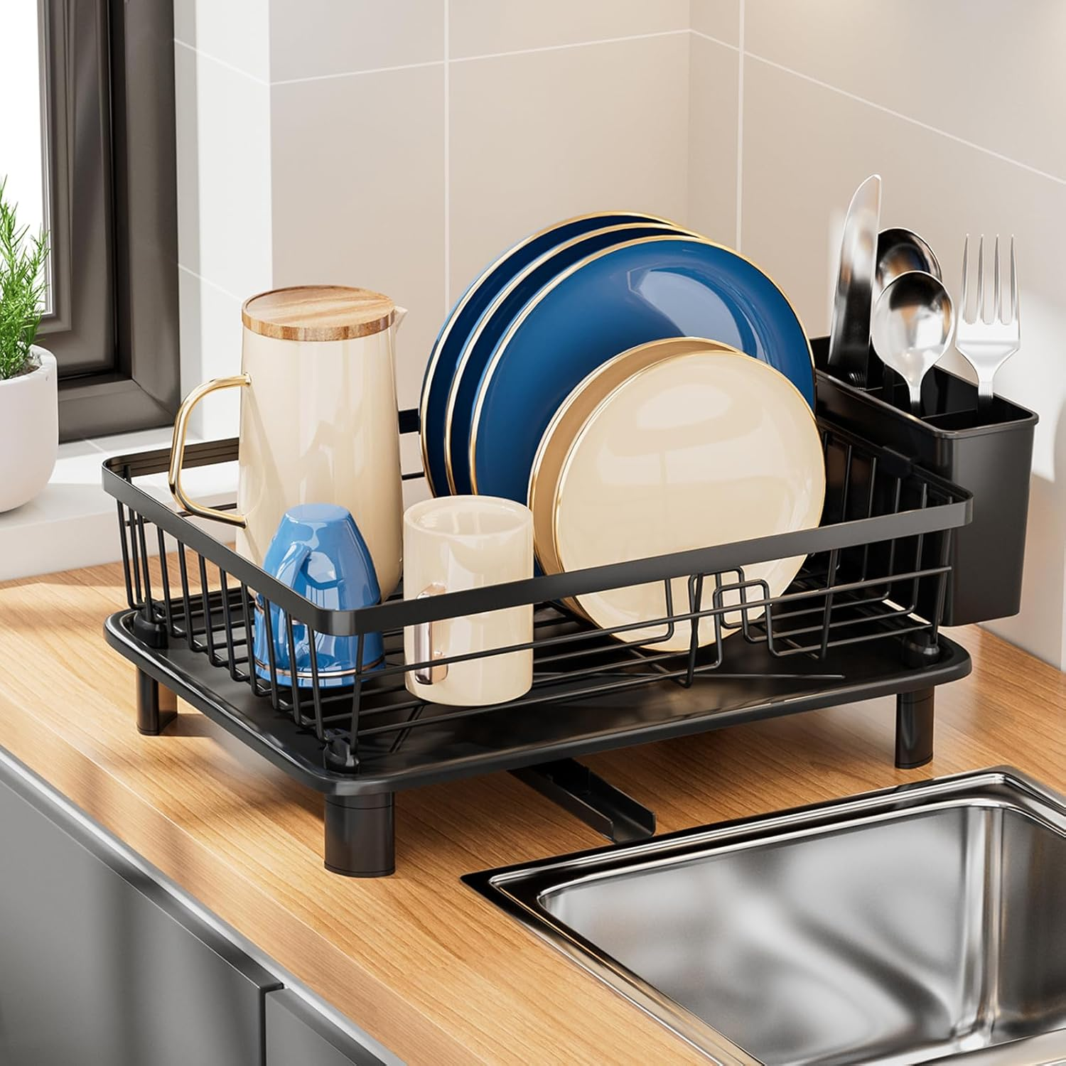 Stainless Steel Dish Drying Rack - Kitchen Counter & Sink Organizer with Utensil Holder