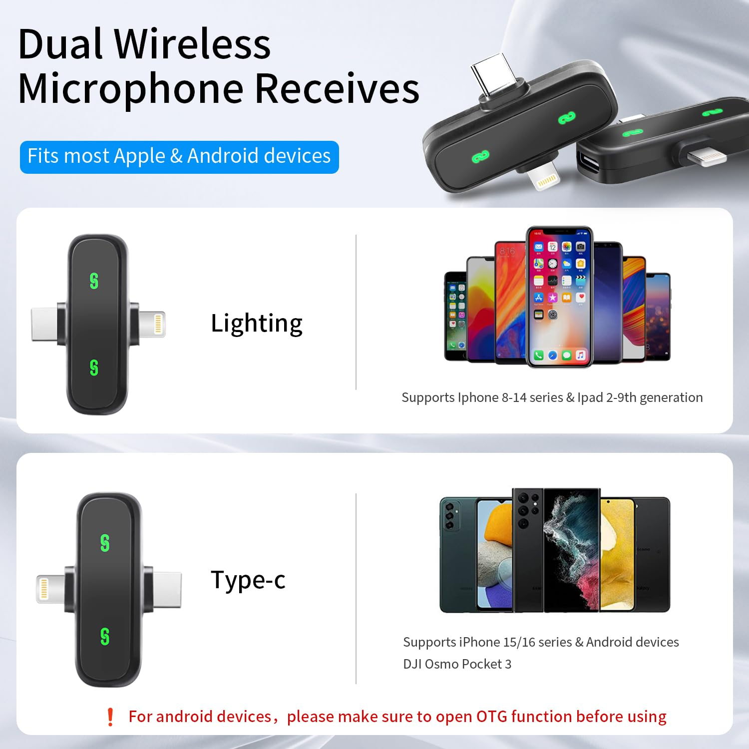 Wireless Microphone 2-Pack for iPhone 15/16 iPad Android - USB-C Lapel Mic with Noise Reduction