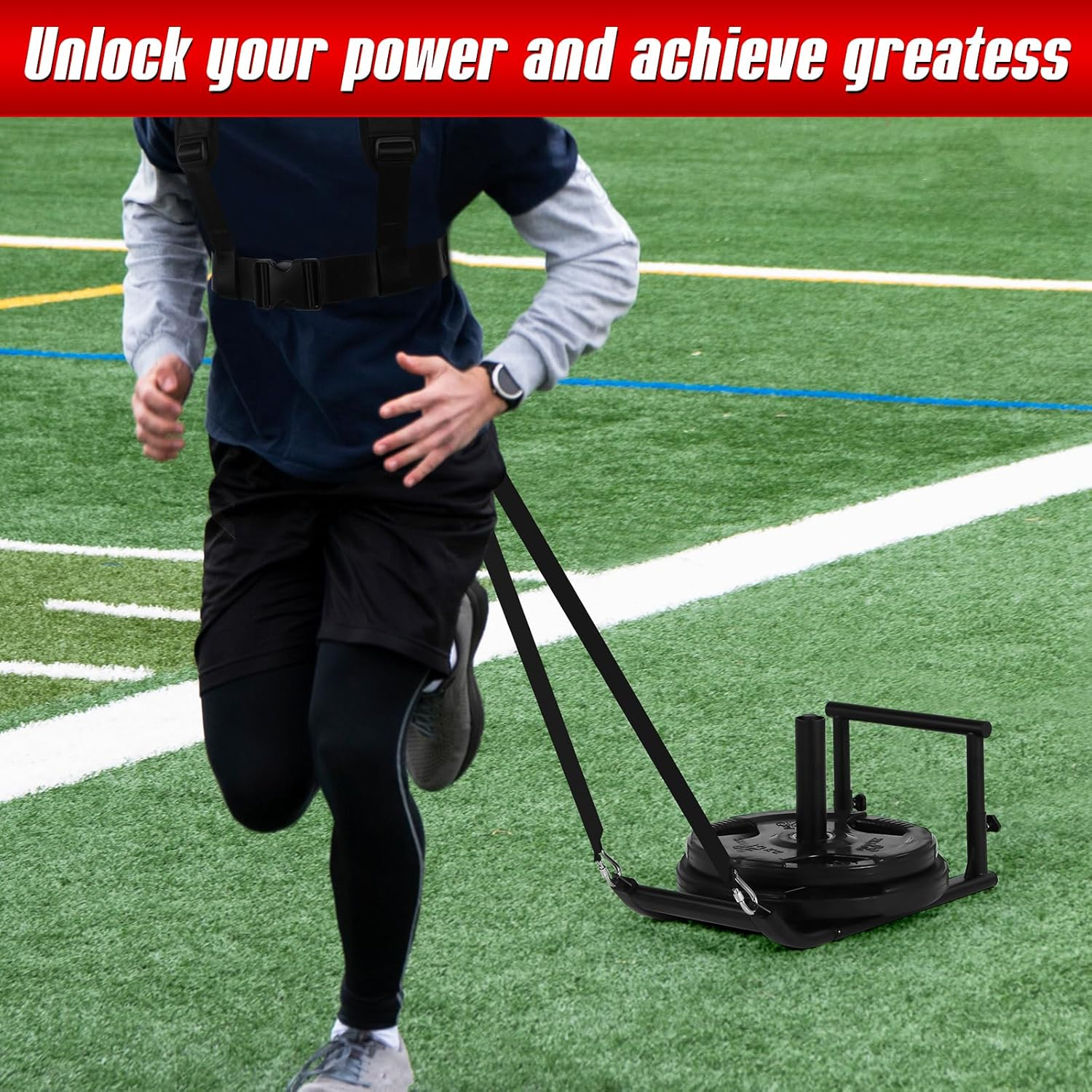 GADFISH Weighted Workout Sled - Push Pull Training Equipment for Adults & Kids | 1" & 2" Weight Plate Compatible