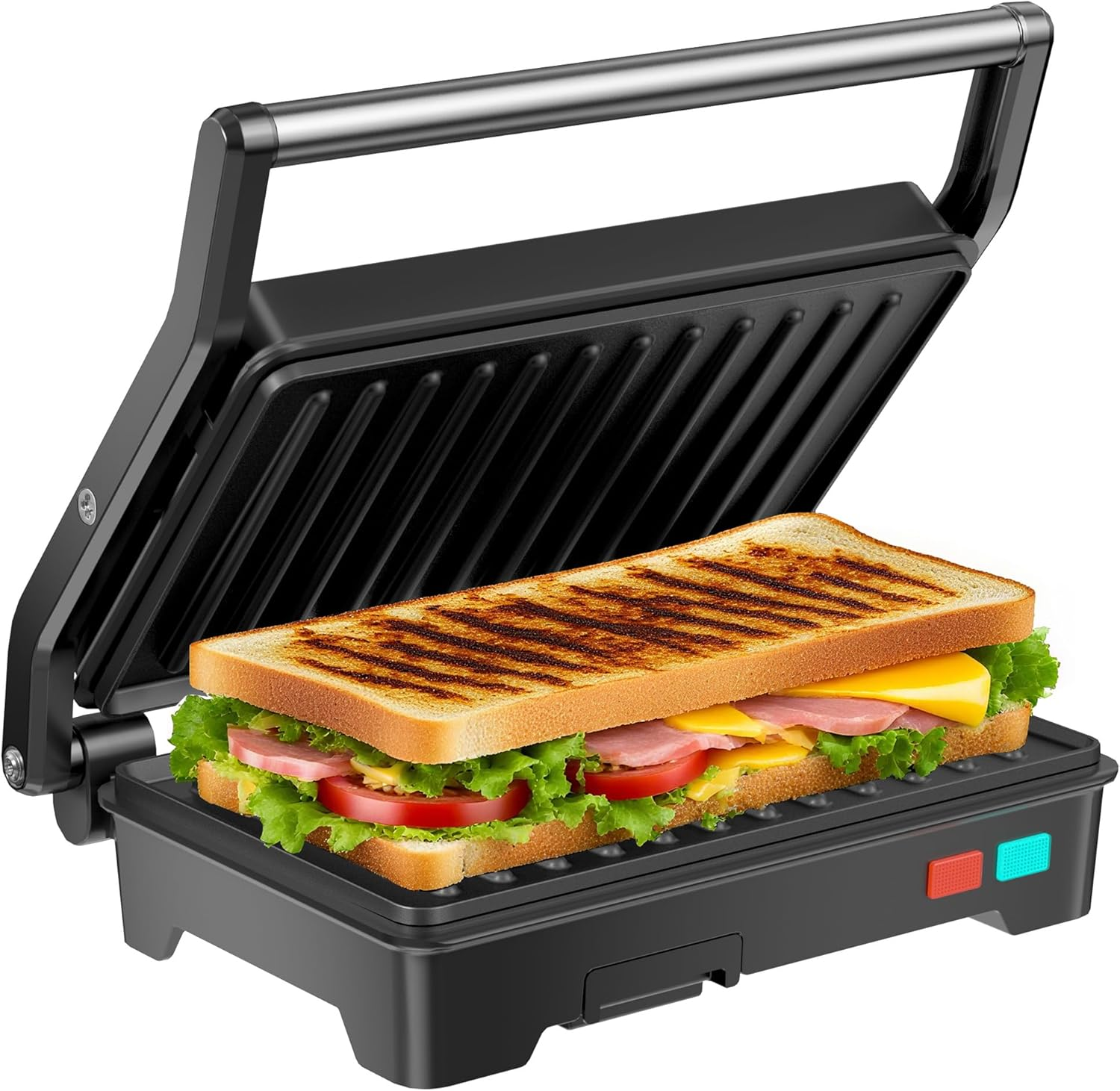 Panini Press Grill - 1000W Sandwich Maker with Non-Stick Plates, 180° Opening & Removable Drip Tray