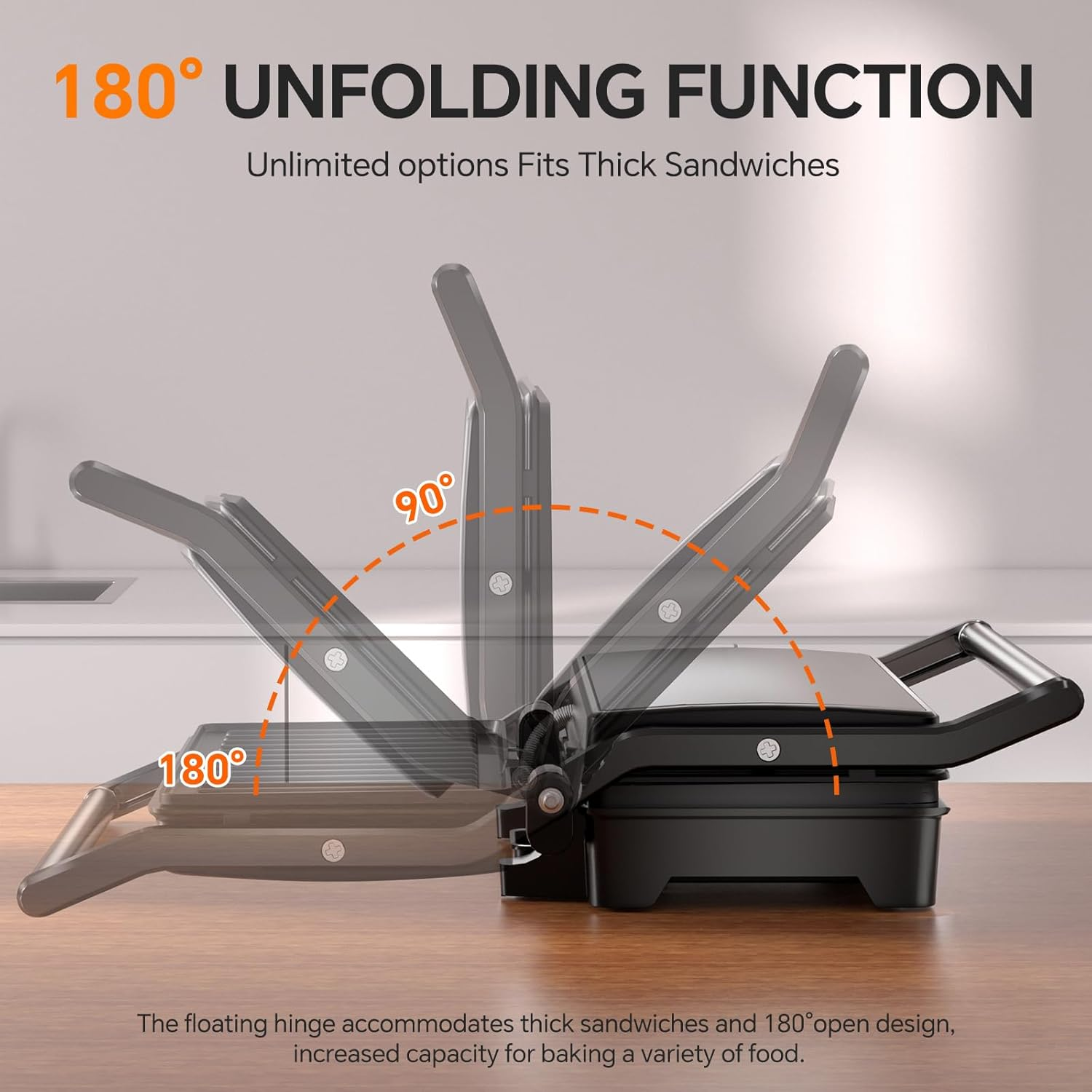 Panini Press Grill - 1000W Sandwich Maker with Non-Stick Plates, 180° Opening & Removable Drip Tray