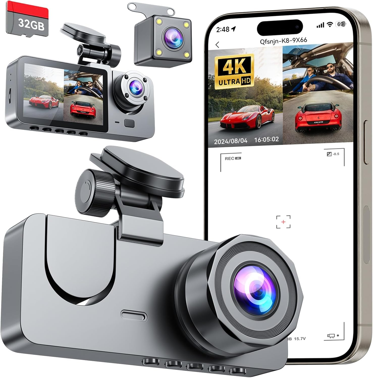 4K Dash Cam Front Rear Interior 3 Channel - Built-in 32GB, Night Vision, 24Hr Recording