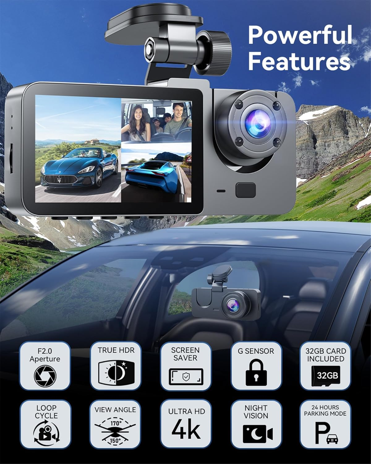 4K Dash Cam Front Rear Interior 3 Channel - Built-in 32GB, Night Vision, 24Hr Recording
