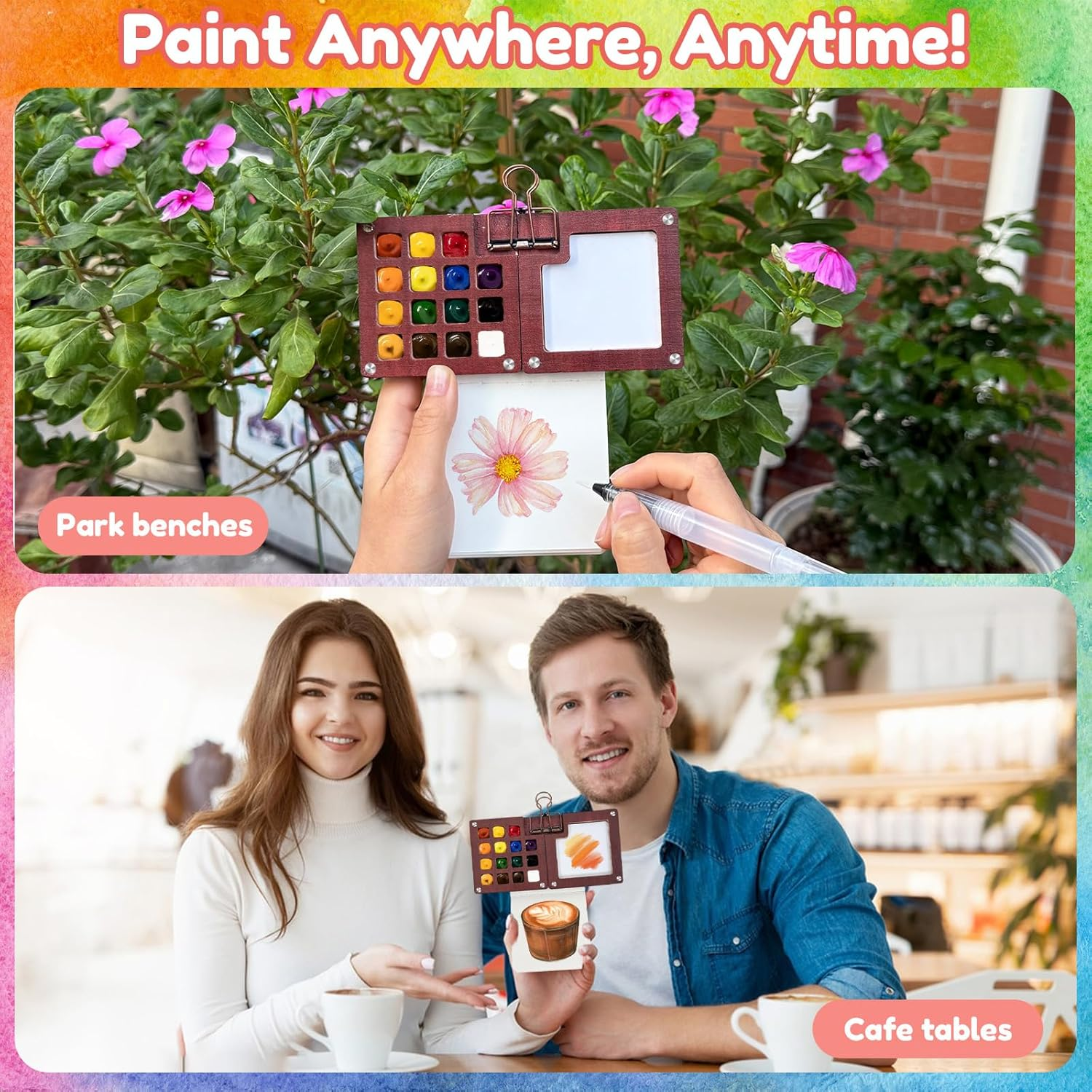 Mini Watercolor Travel Set - 24 Colors, Portable Wooden Palette, Brush & Sketchbook for Artists & Students