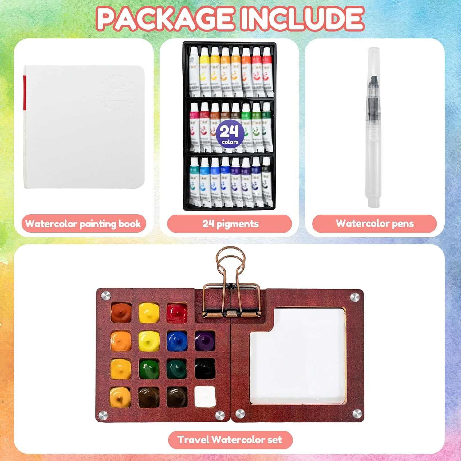 Mini Watercolor Travel Set - 24 Colors, Portable Wooden Palette, Brush & Sketchbook for Artists & Students