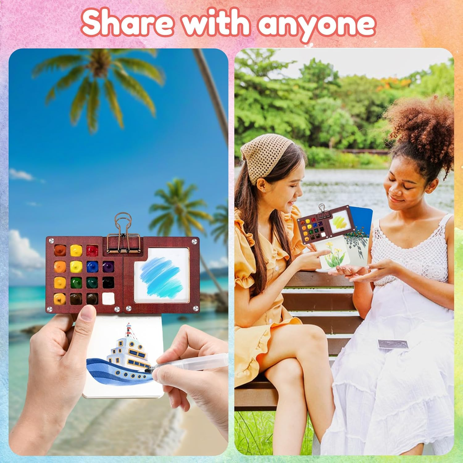 Mini Watercolor Travel Set - 24 Colors, Portable Wooden Palette, Brush & Sketchbook for Artists & Students