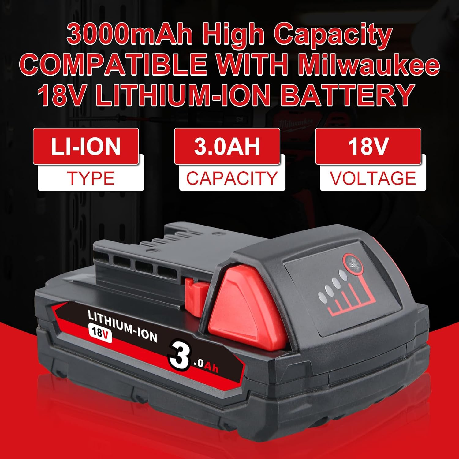 3000mAh Milwaukee 18V Battery Replacement - Compatible with 48-11-1840, 48-11-1850, 48-11-1820, 48-11-1828, 48-11-1860 Lithium Ion Power Tool Battery