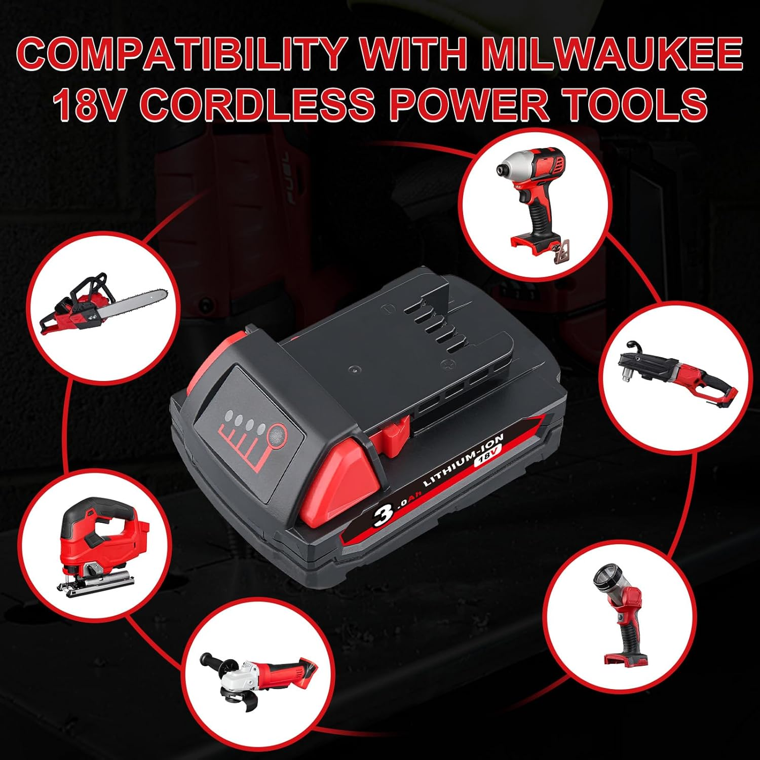 3000mAh Milwaukee 18V Battery Replacement - Compatible with 48-11-1840, 48-11-1850, 48-11-1820, 48-11-1828, 48-11-1860 Lithium Ion Power Tool Battery