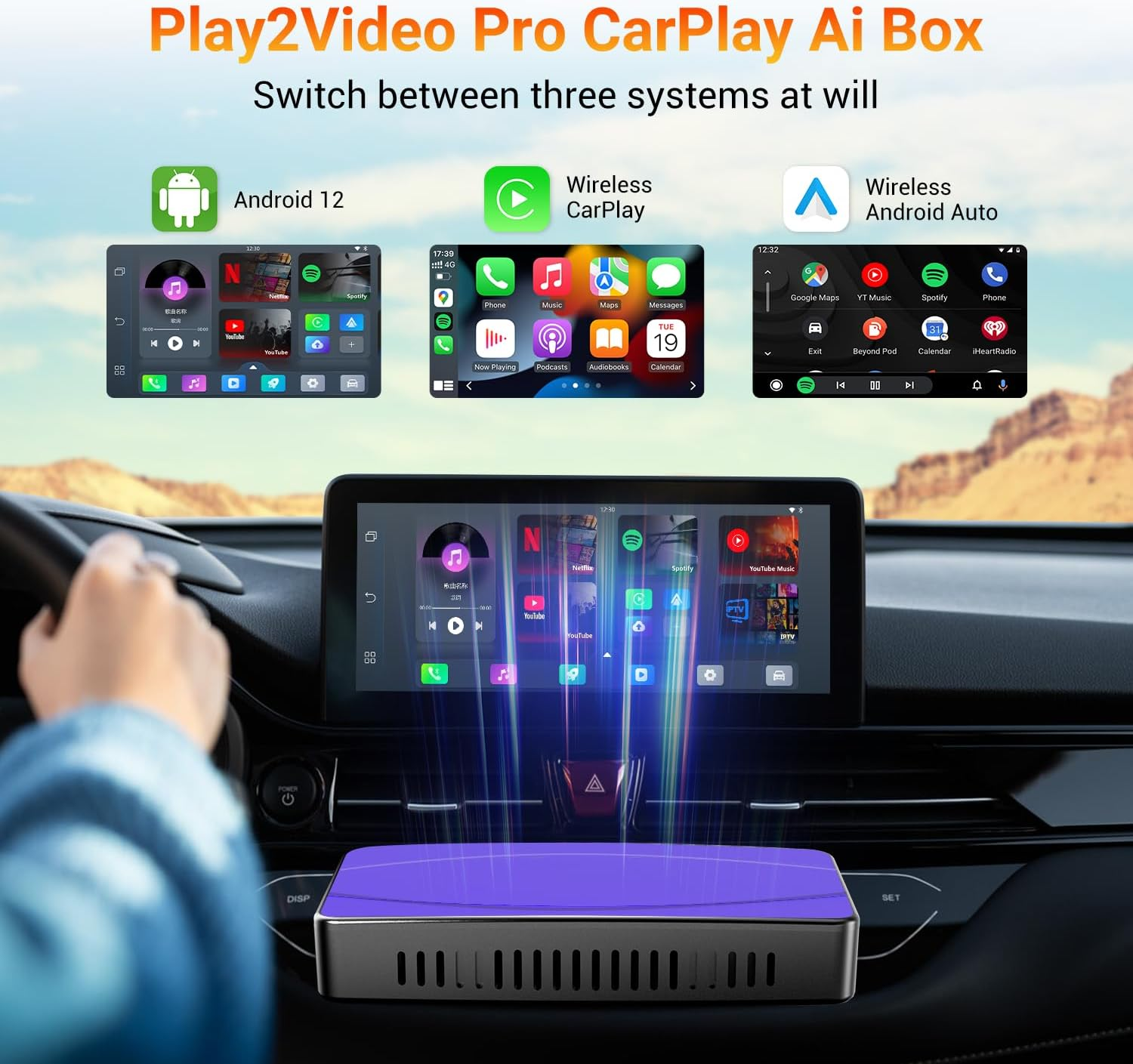 Play2Video Pro CarPlay AI Box - 3-in-1 Wireless CarPlay & Android Auto Adapter with YouTube & Netflix | Magic Box for 2016+ Factory Systems
