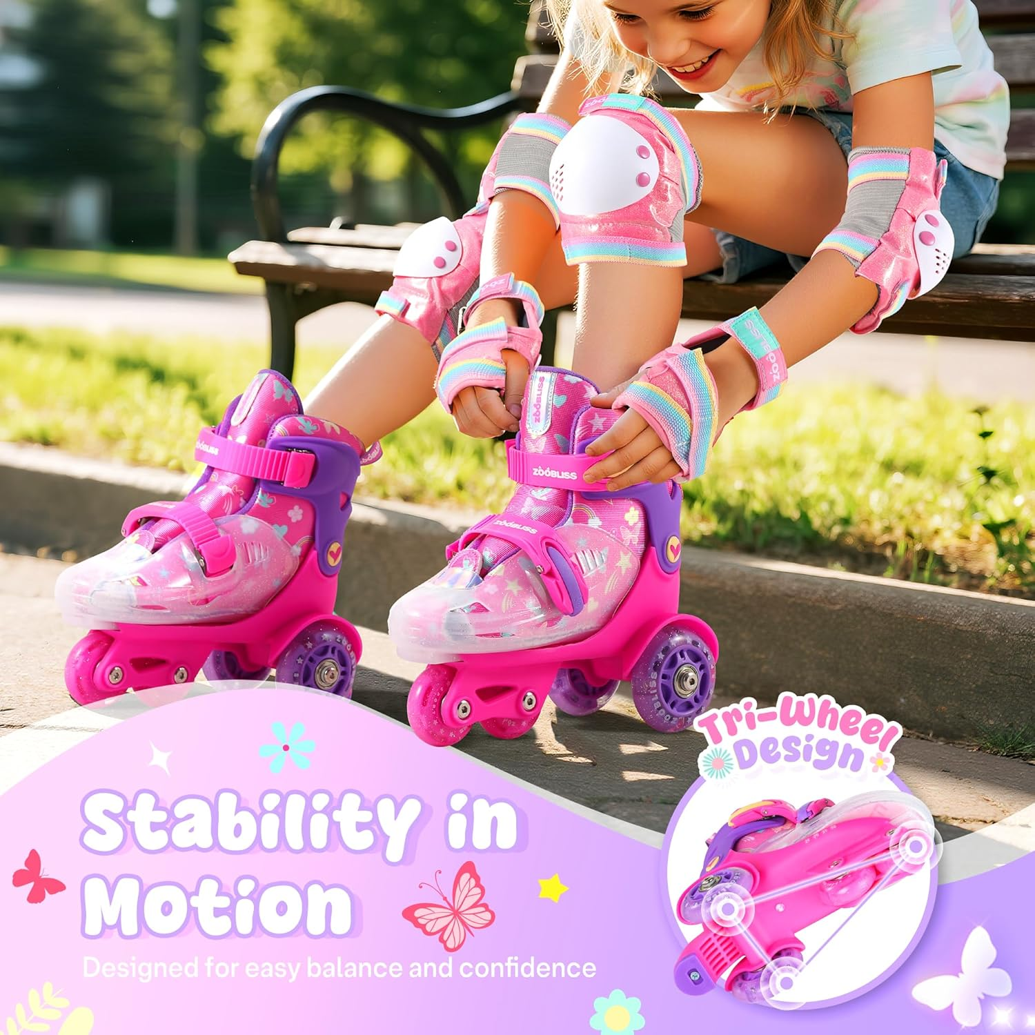 Kids Roller Skates for Beginners - Tri-Wheel Toddler Skates with Light-Up Wheels & 4 Adjustable Sizes for Ages 3-7