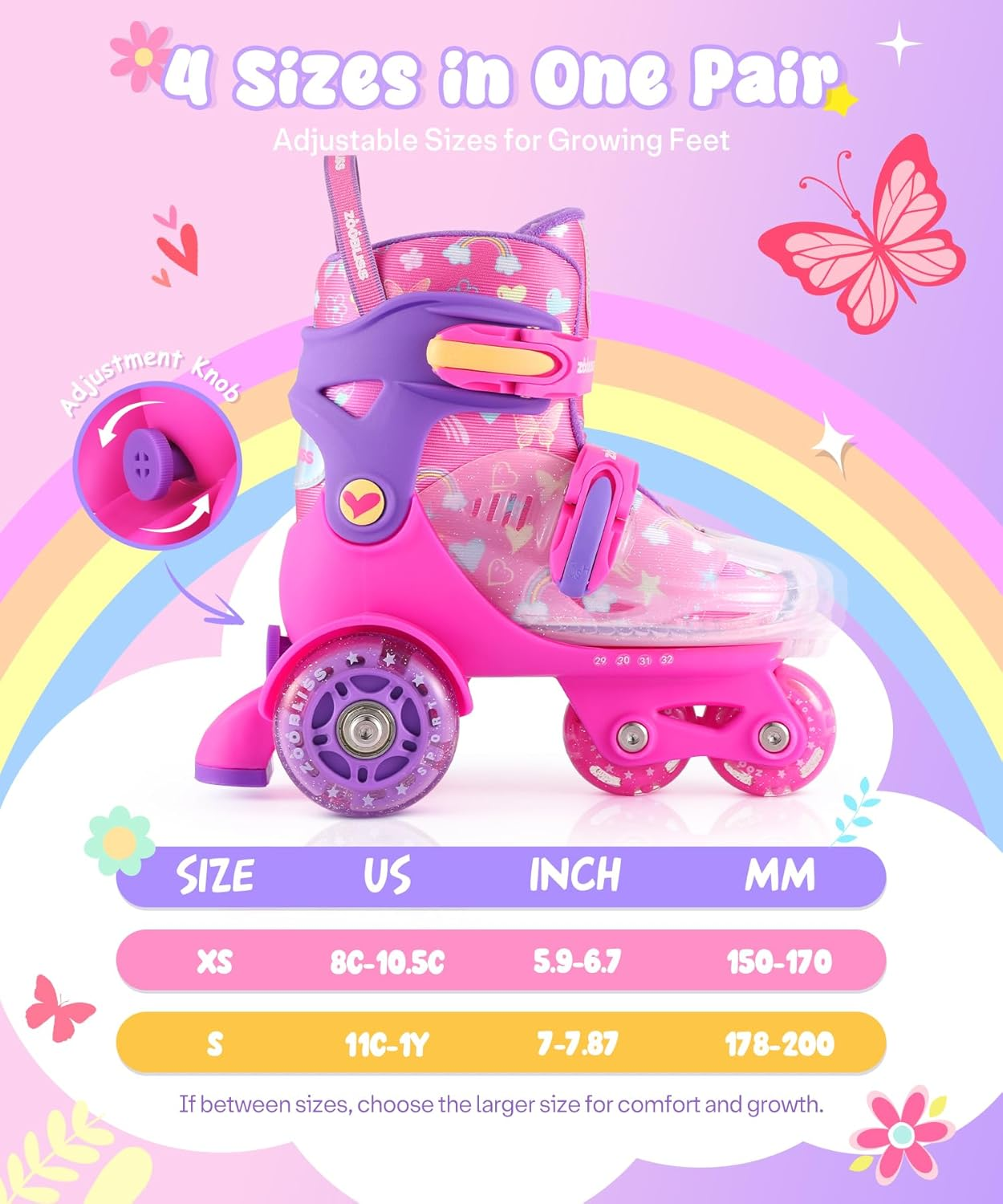 Kids Roller Skates for Beginners - Tri-Wheel Toddler Skates with Light-Up Wheels & 4 Adjustable Sizes for Ages 3-7