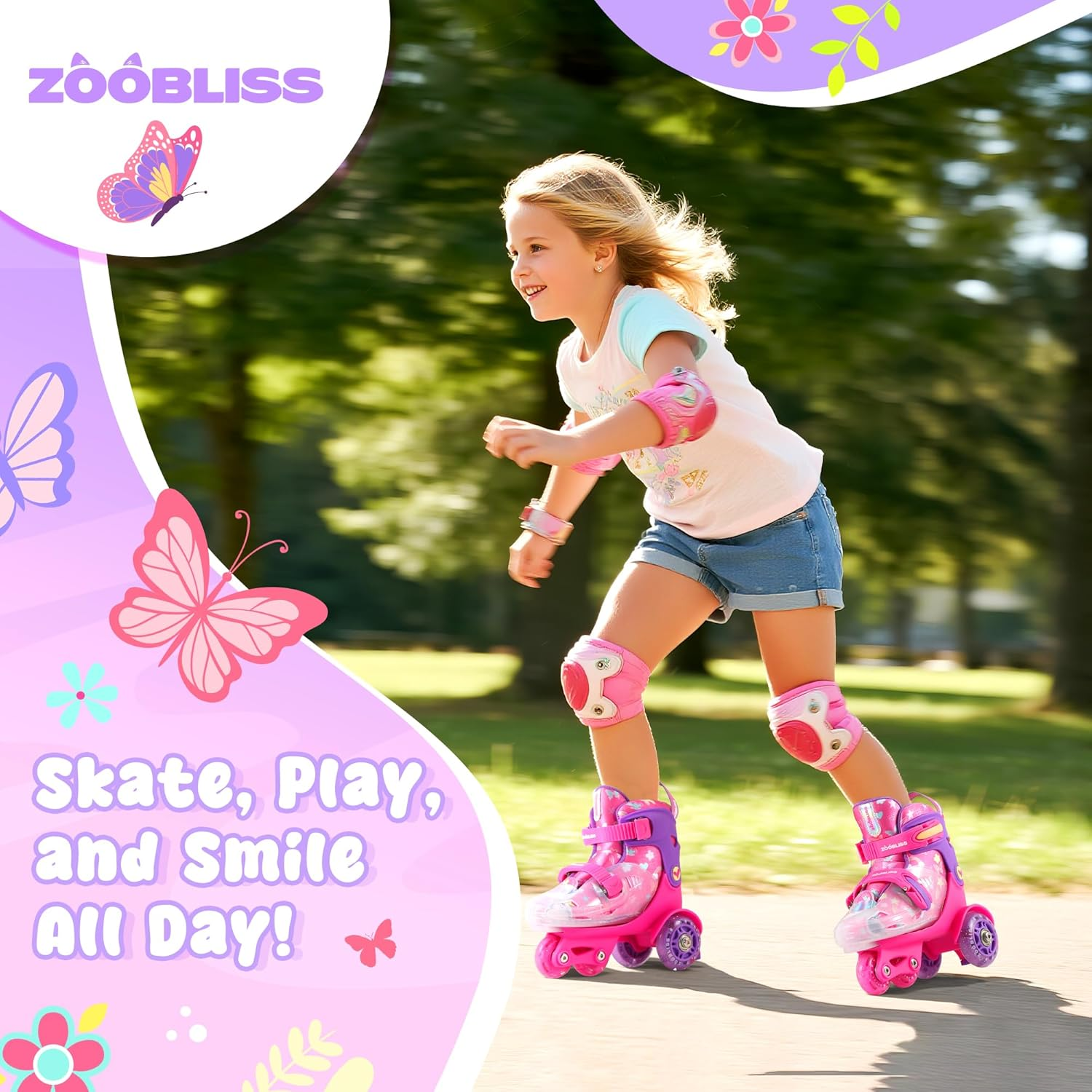 Kids Roller Skates for Beginners - Tri-Wheel Toddler Skates with Light-Up Wheels & 4 Adjustable Sizes for Ages 3-7