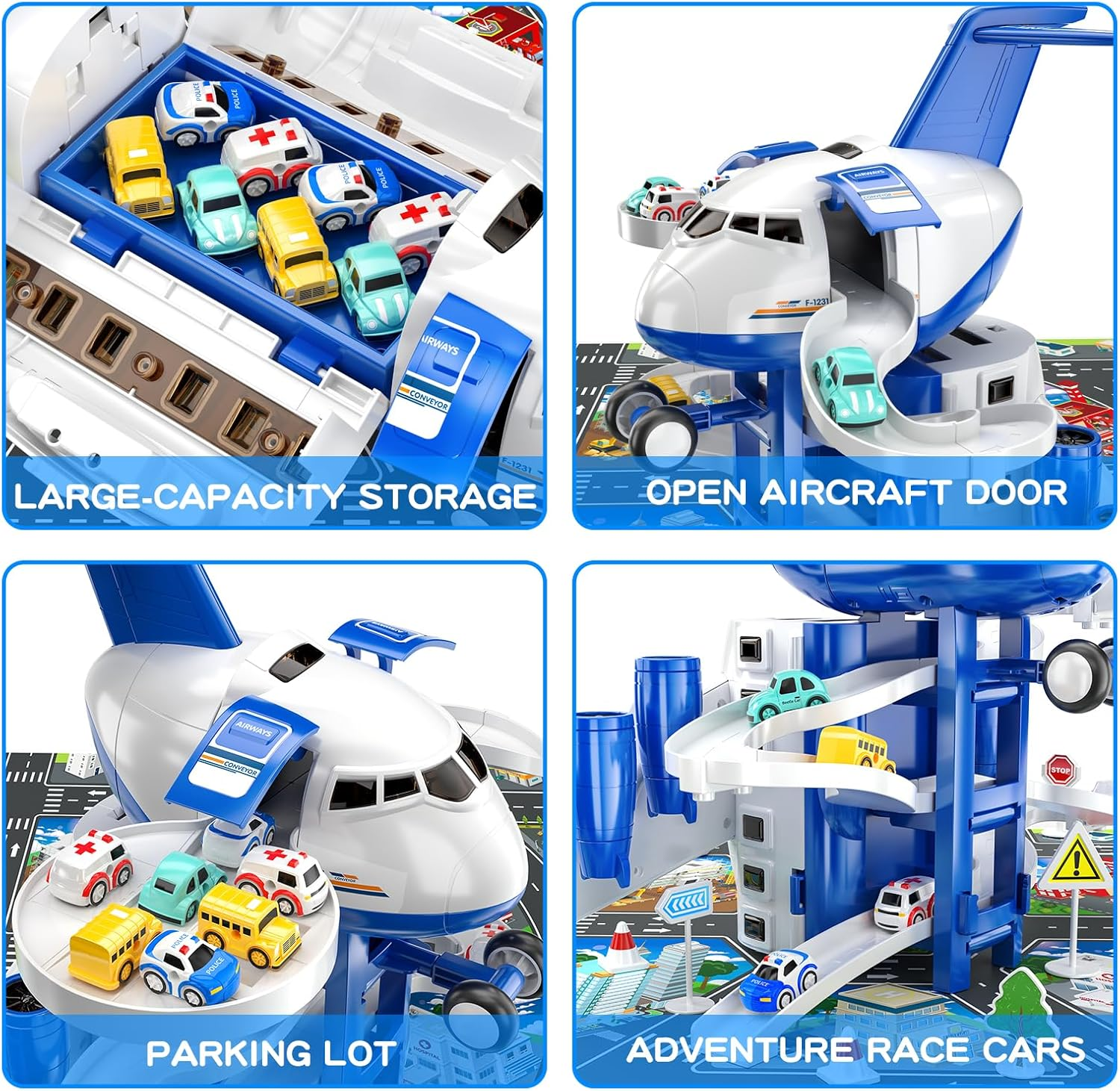 Airplane Toys for Toddlers 3-5 - Car Race Tracks for Kids Ages 4-8 with 8 Die-Cast Cars & Educational Play Set