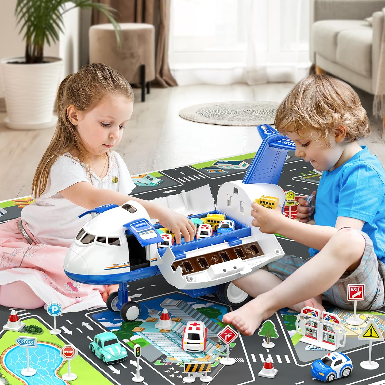 Airplane Toys for Toddlers 3-5 - Car Race Tracks for Kids Ages 4-8 with 8 Die-Cast Cars & Educational Play Set