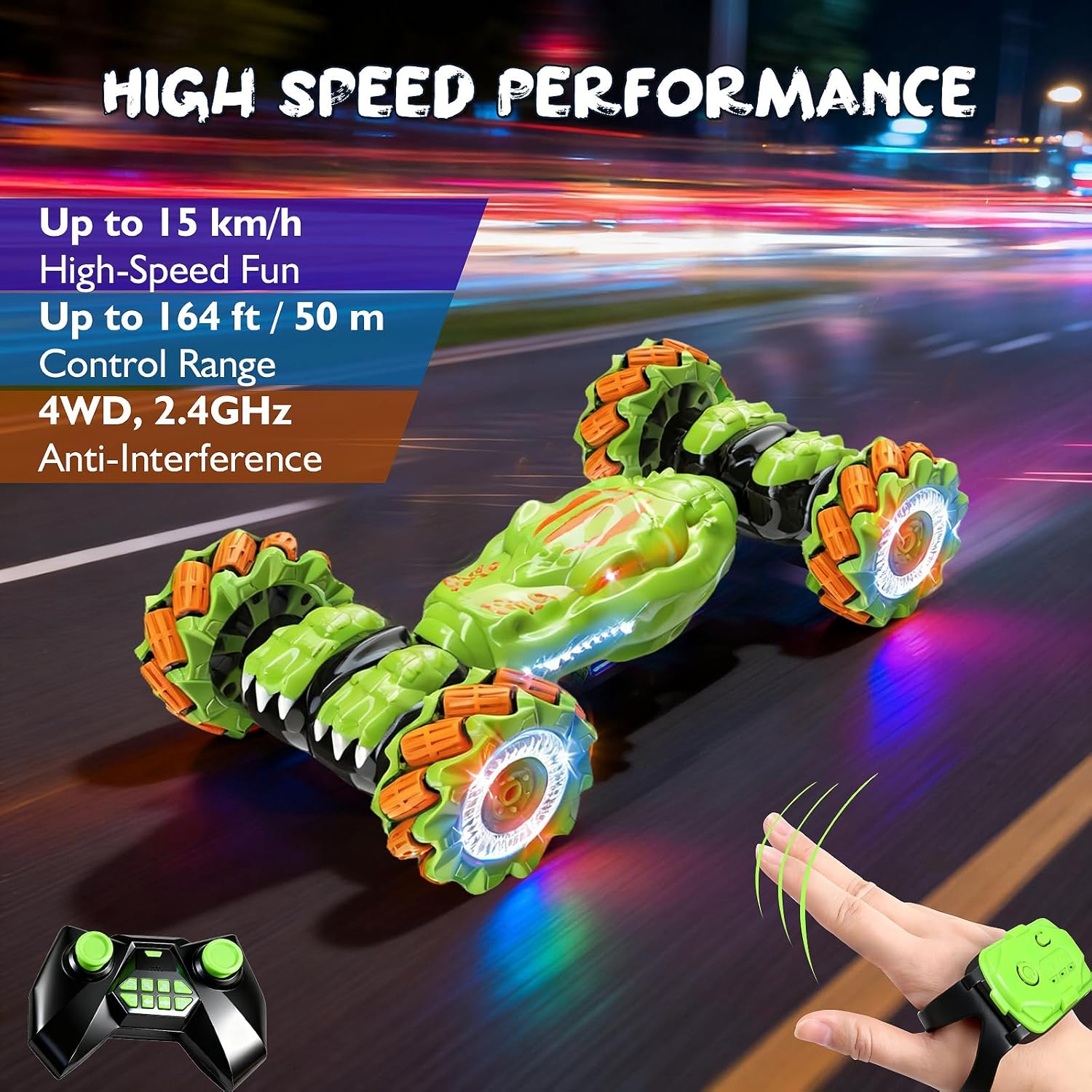 Gesture Sensing RC Stunt Car - 360° Rotating Remote Control Car for Kids Ages 6-14 with Hand Control & LED Lights