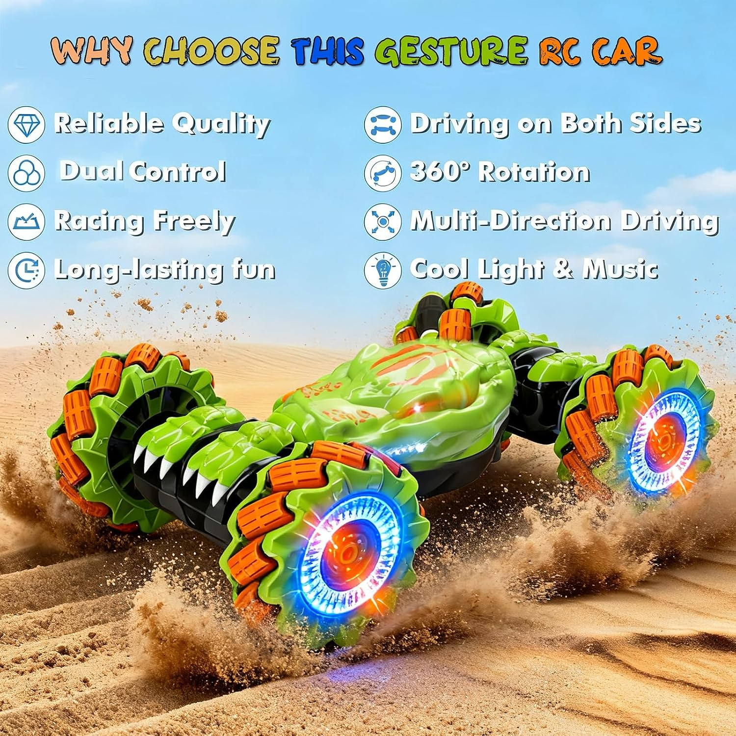 Gesture Sensing RC Stunt Car - 360° Rotating Remote Control Car for Kids Ages 6-14 with Hand Control & LED Lights