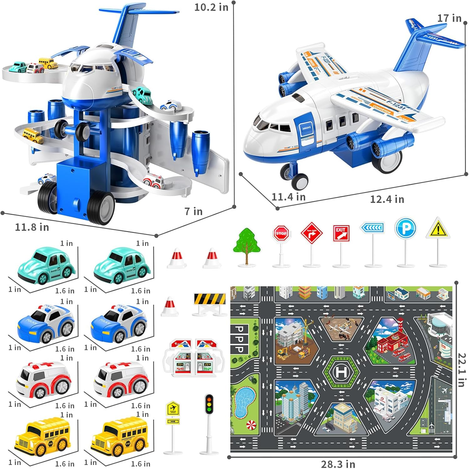 Kids Airplane Car Toys Race Tracks - Transport Airplane Adventures Playset with 8 City Cars & Garage Parking Lot Playmat for Boys & Girls Ages 2-6
