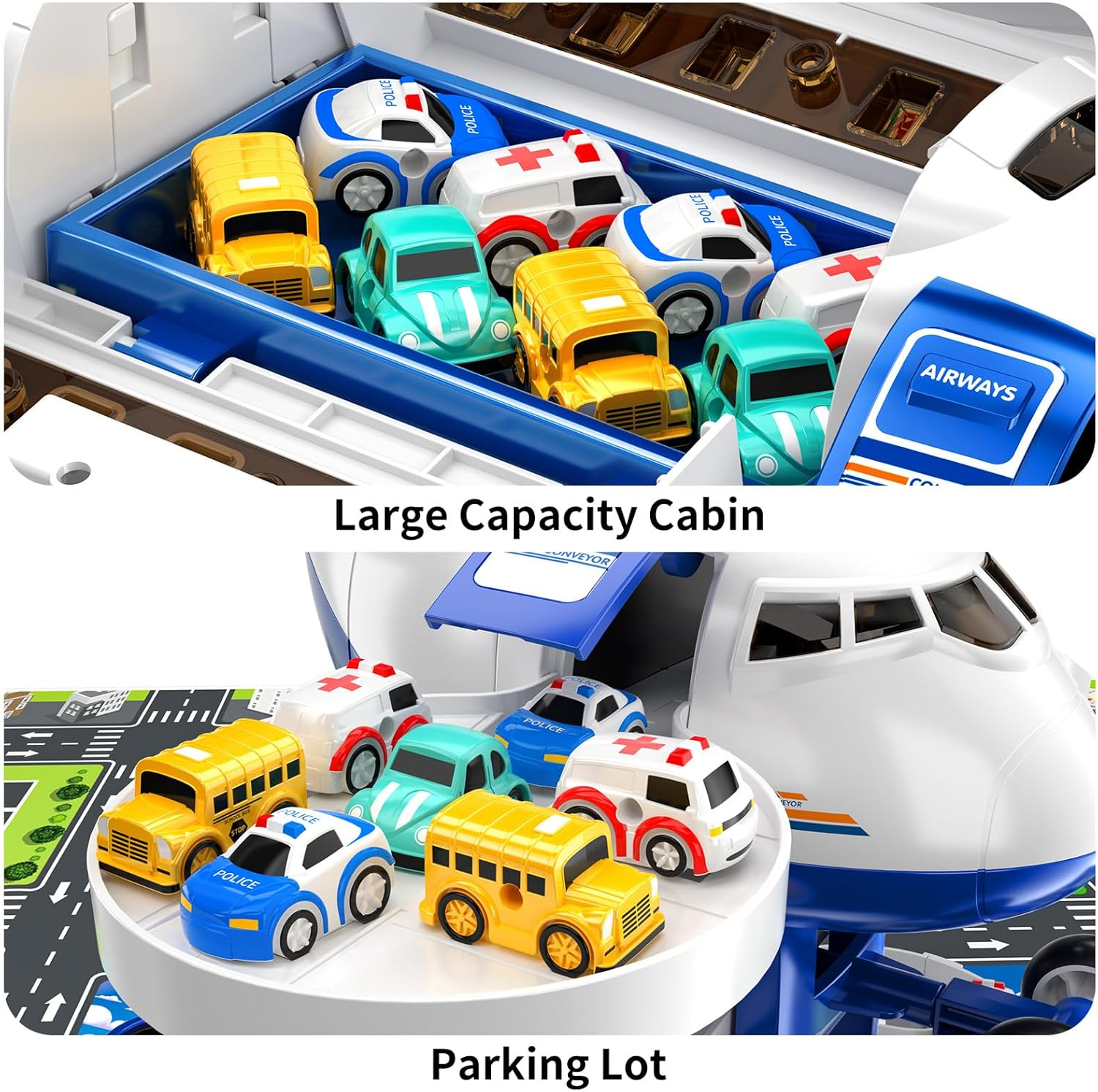 Kids Airplane Car Toys Race Tracks - Transport Airplane Adventures Playset with 8 City Cars & Garage Parking Lot Playmat for Boys & Girls Ages 2-6