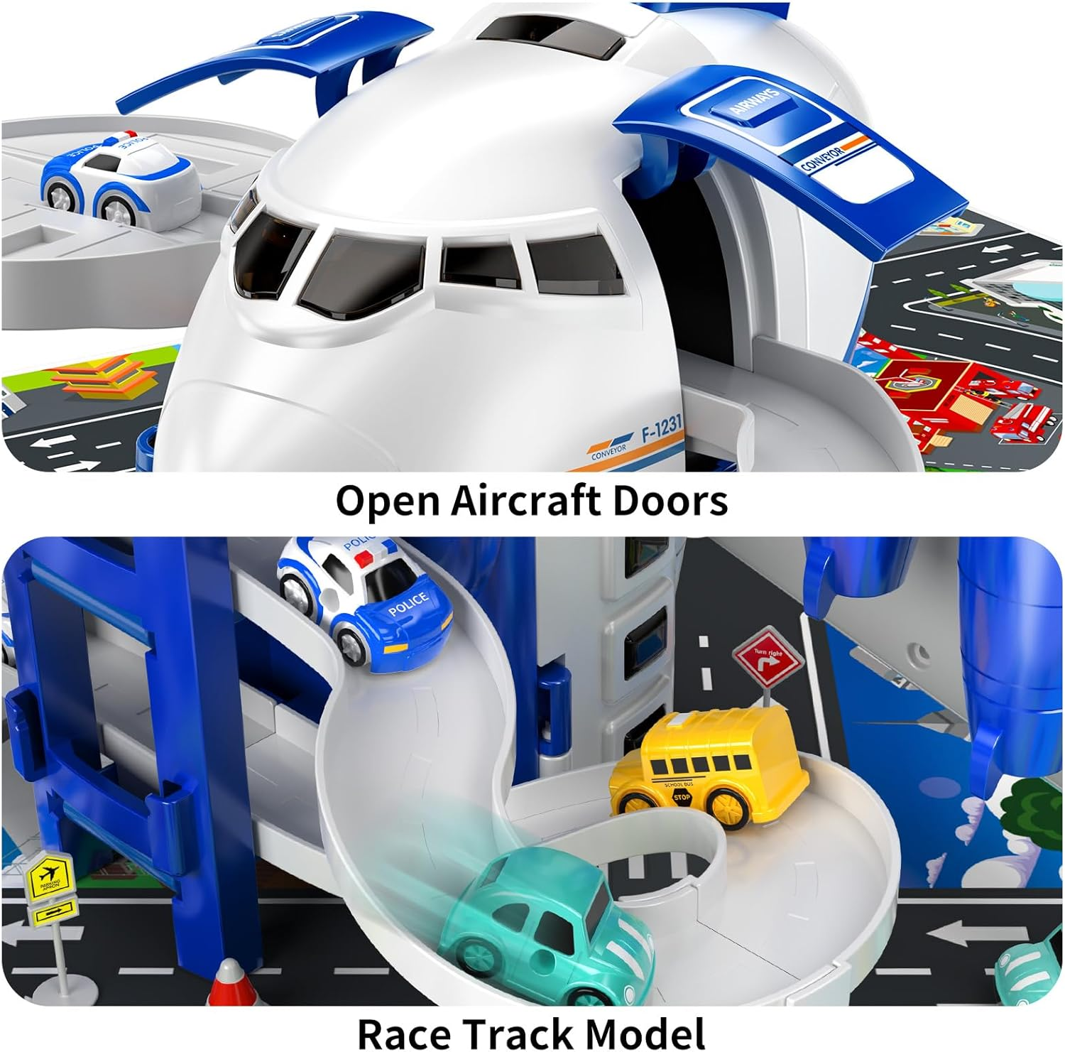Kids Airplane Car Toys Race Tracks - Transport Airplane Adventures Playset with 8 City Cars & Garage Parking Lot Playmat for Boys & Girls Ages 2-6