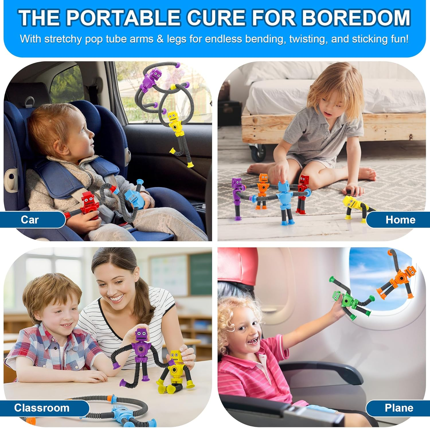 Robot Pop Tubes Fidget Toys - 6 Pack Sensory Stretchy Tubes for Kids Ages 3+ | Autism Stress Relief & Travel Toys