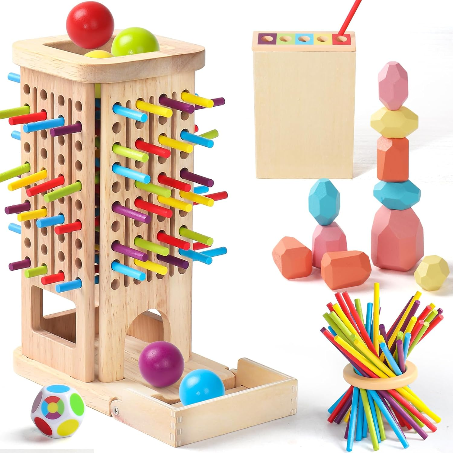 Montessori Wooden Board Game for Kids Ages 3-8 - Fine Motor Skills Educational Toy with Colorful Sticks, Dice & Stones | Family Game Gift
