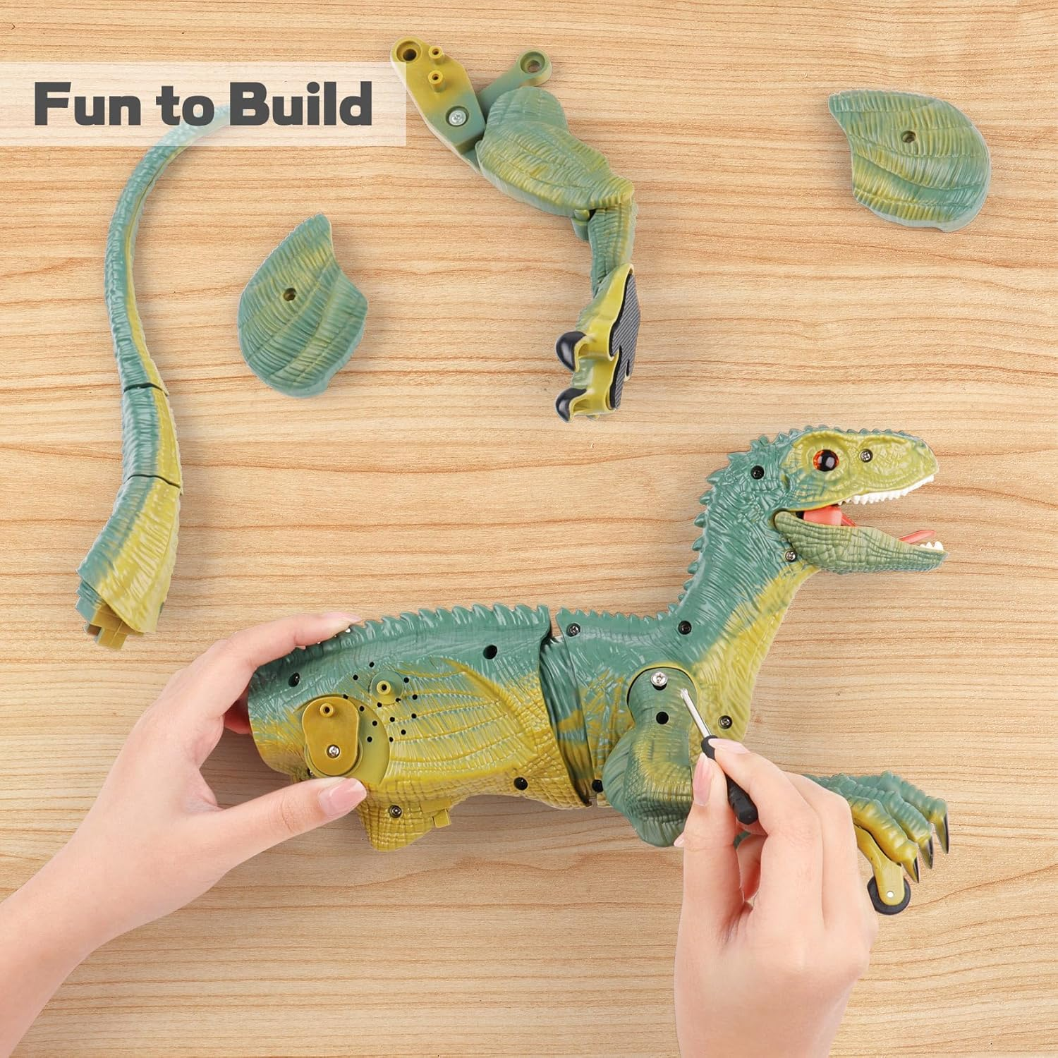 Remote Control Dinosaur Toy for Kids Ages 3-12 - Build & Walk Velociraptor with LED Lights & Sound Effects | STEM Building Gift