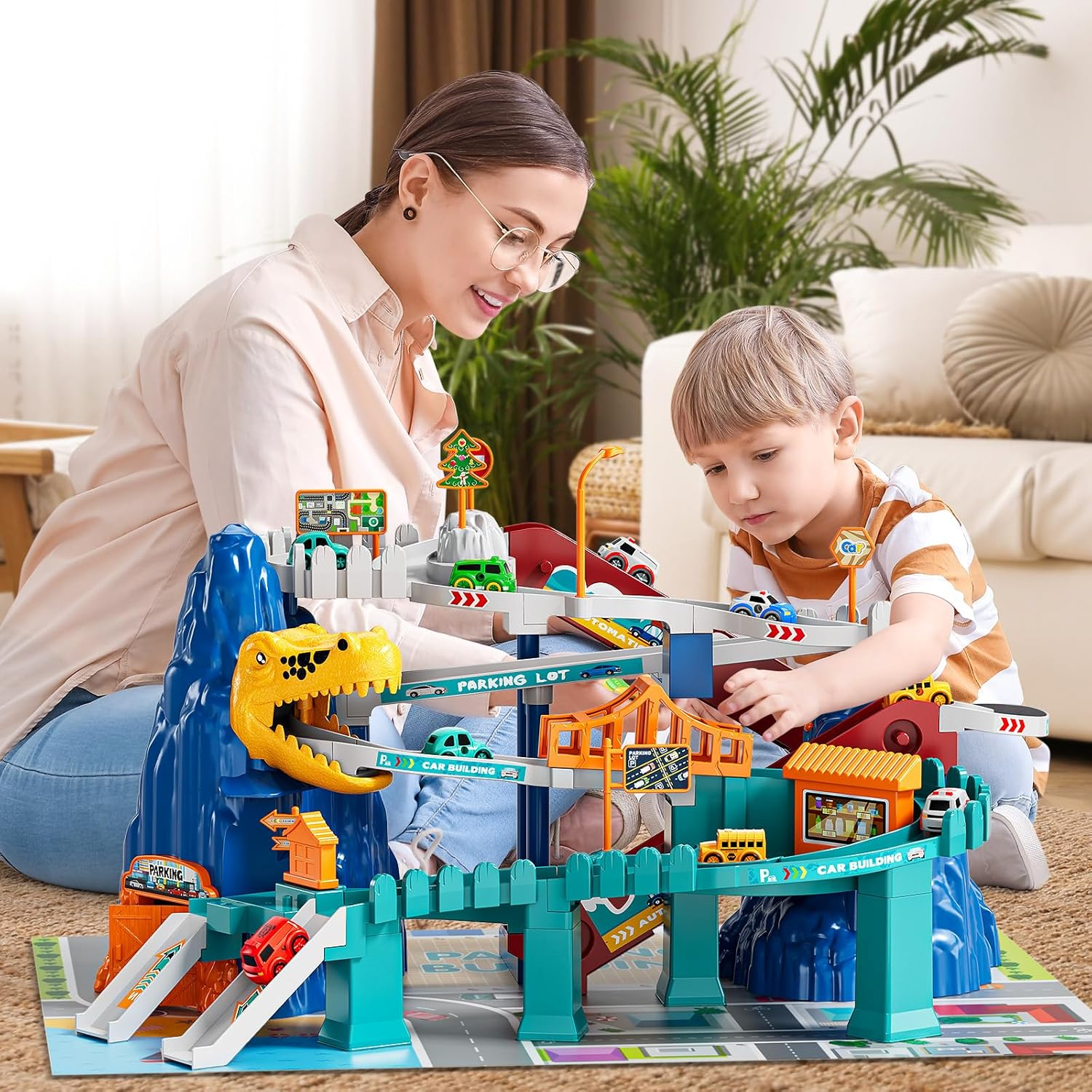 Dinosaur Race Track Playset for Kids Ages 3-8 - Climbing Hills Car Track with 10 Mini Racer Cars | Boys & Girls Ramp Track Toy