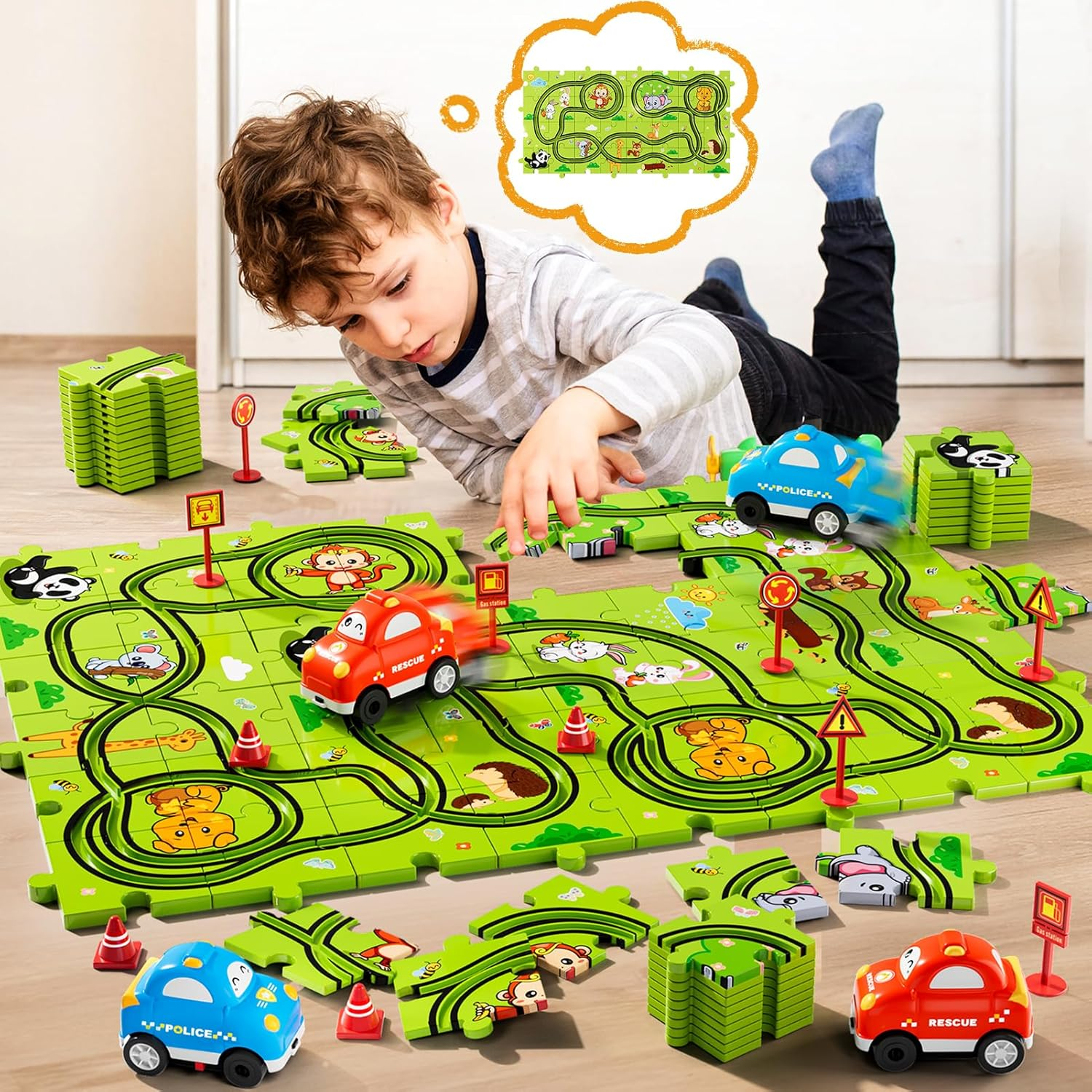 48 Piece Puzzle Race Track Car Set for Kids Ages 3-6 - Floor Puzzle Car Tracks for Boys & Girls | Toddler Building Toy Gift