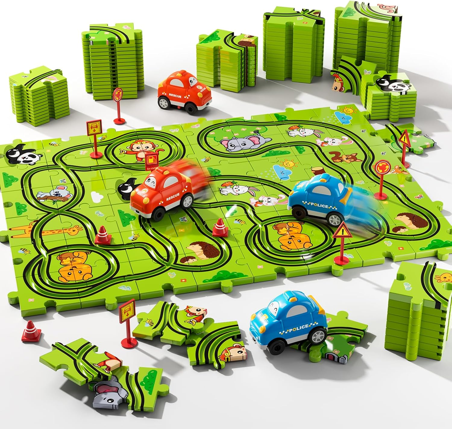 48 Piece Puzzle Race Track Car Set for Kids Ages 3-6 - Floor Puzzle Car Tracks for Boys & Girls | Toddler Building Toy Gift