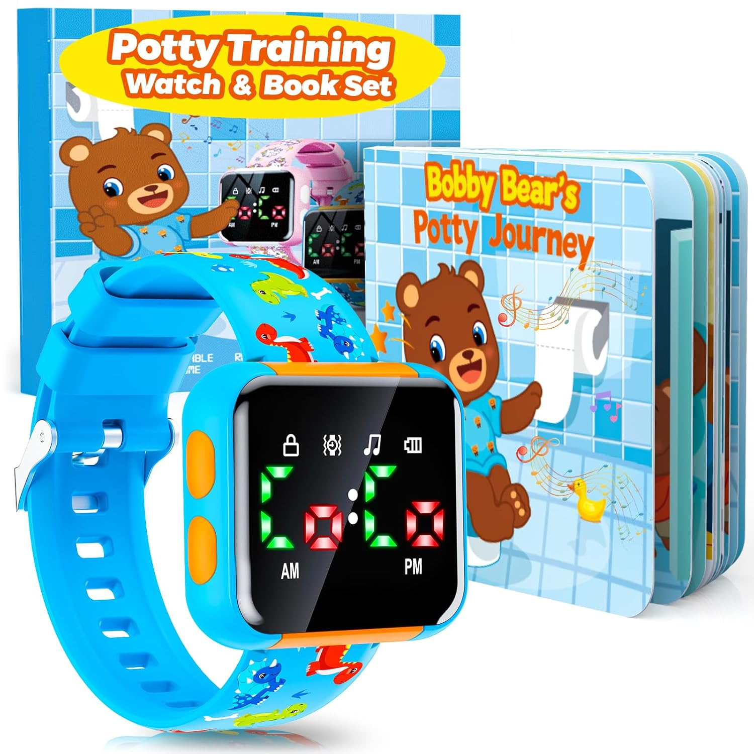 Potty Training Watch & Board Book for Toddlers Ages 2-4 - Water Resistant Dinosaur Watch with Toilet Reminders | Boys Birthday Gift