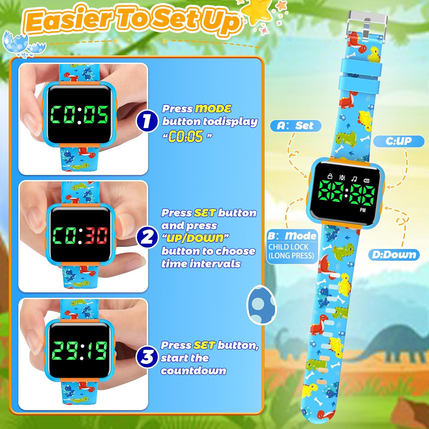 Potty Training Watch & Board Book for Toddlers Ages 2-4 - Water Resistant Dinosaur Watch with Toilet Reminders | Boys Birthday Gift