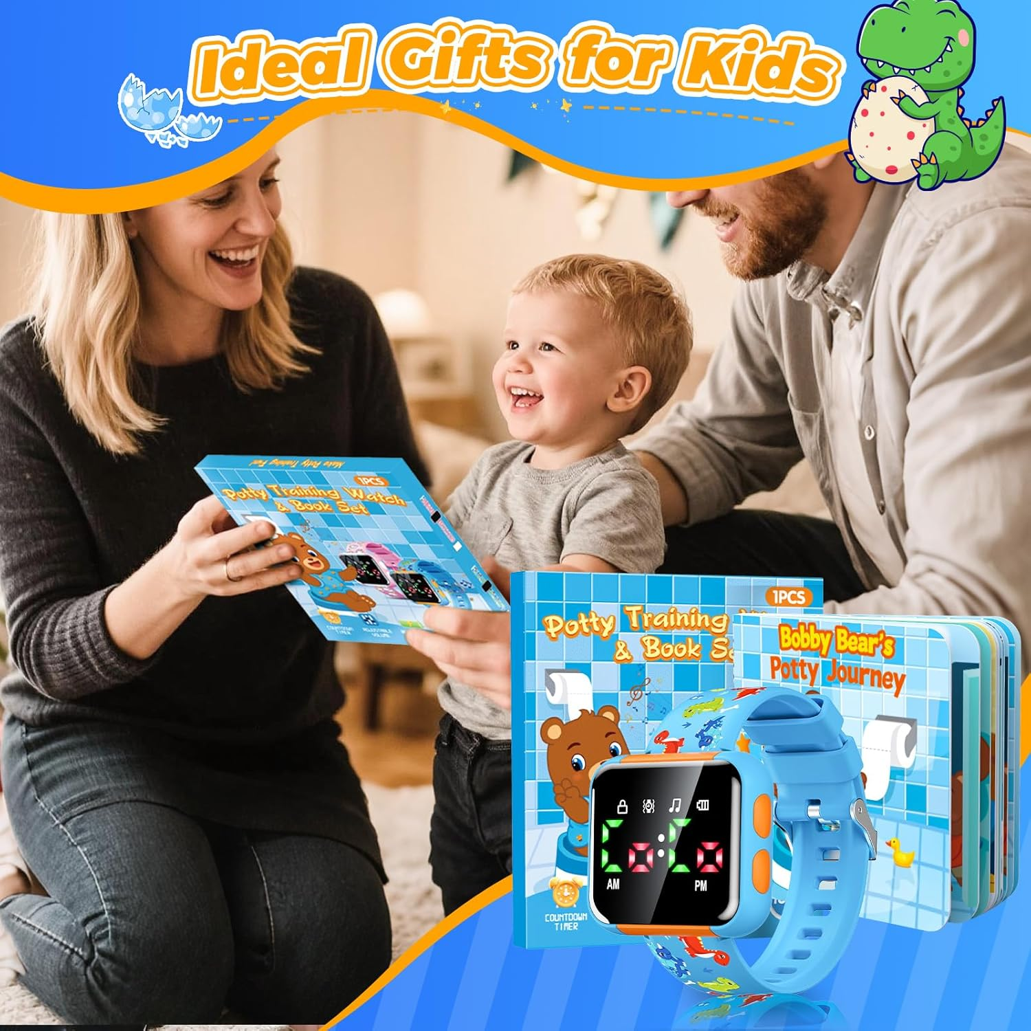 Potty Training Watch & Board Book for Toddlers Ages 2-4 - Water Resistant Dinosaur Watch with Toilet Reminders | Boys Birthday Gift