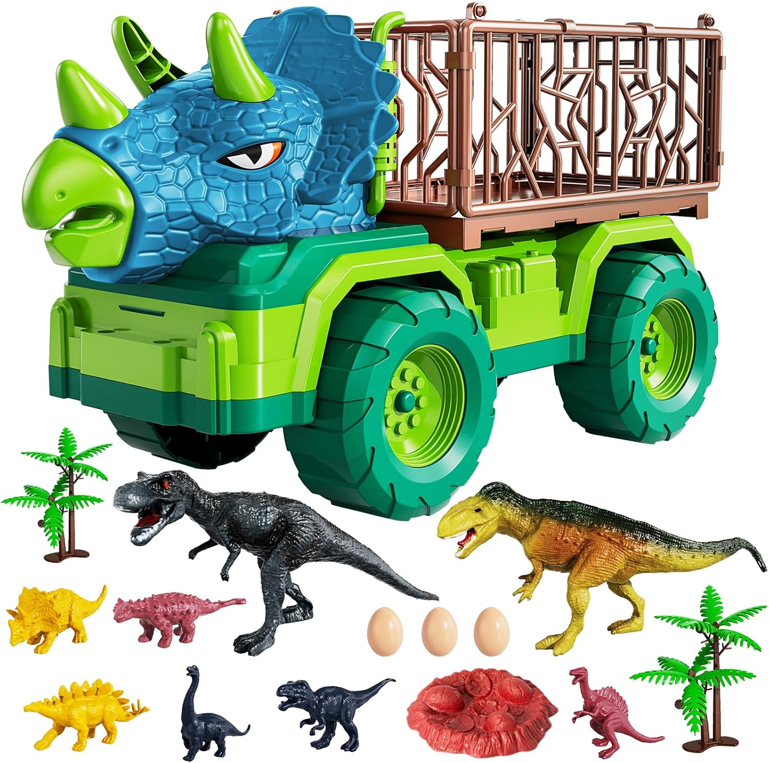 Dinosaur Transport Truck Playset - Triceratops Carrier with 12 Dinosaurs, Openable Cage & Park Map