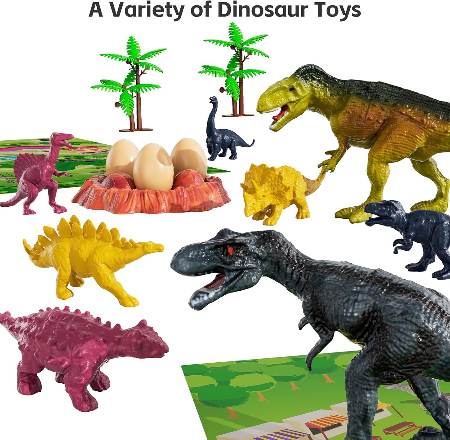 Dinosaur Transport Truck Playset - Triceratops Carrier with 12 Dinosaurs, Openable Cage & Park Map